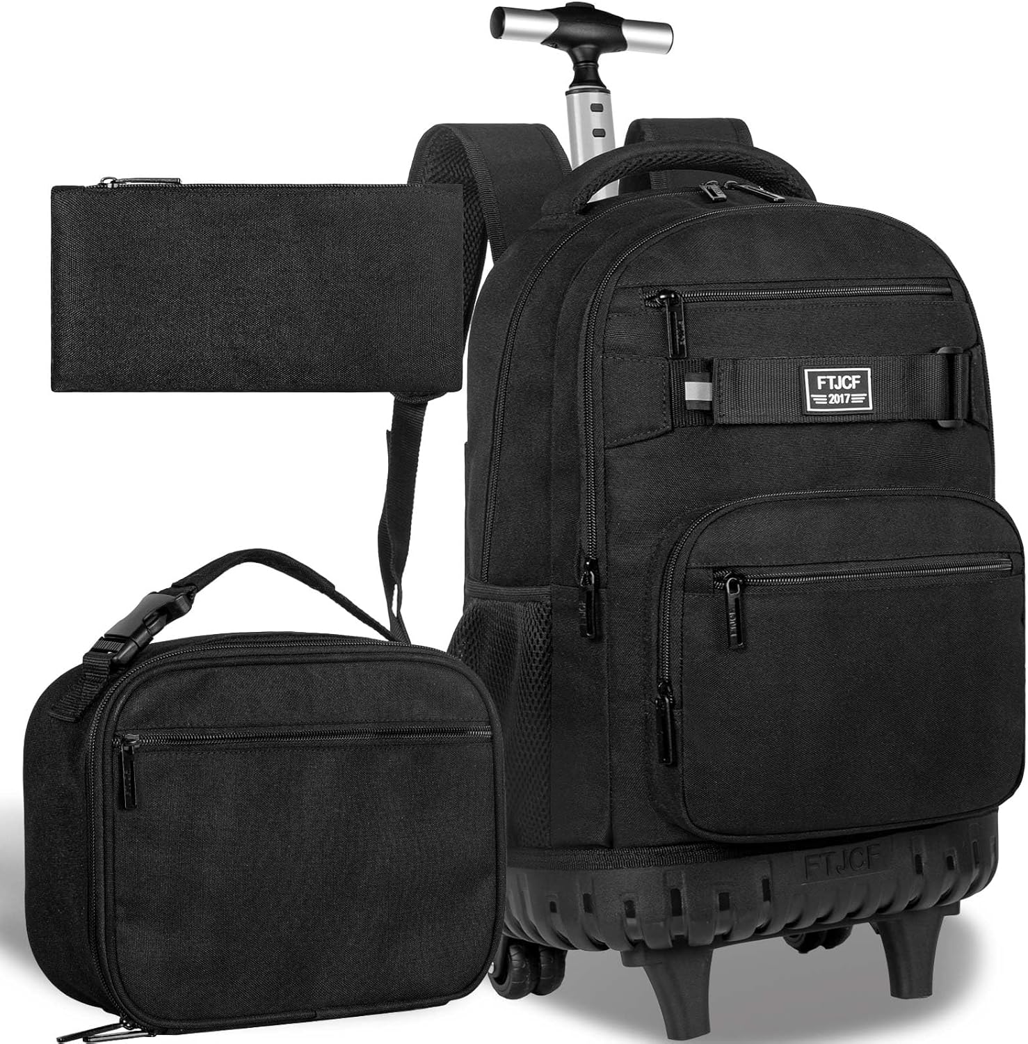 3PCS Rolling Backpack for Men, 21 Inches Travel Roller Bookbag with Wheels, Teen Boys College Wheeled Backpacks (Black) Classic Black