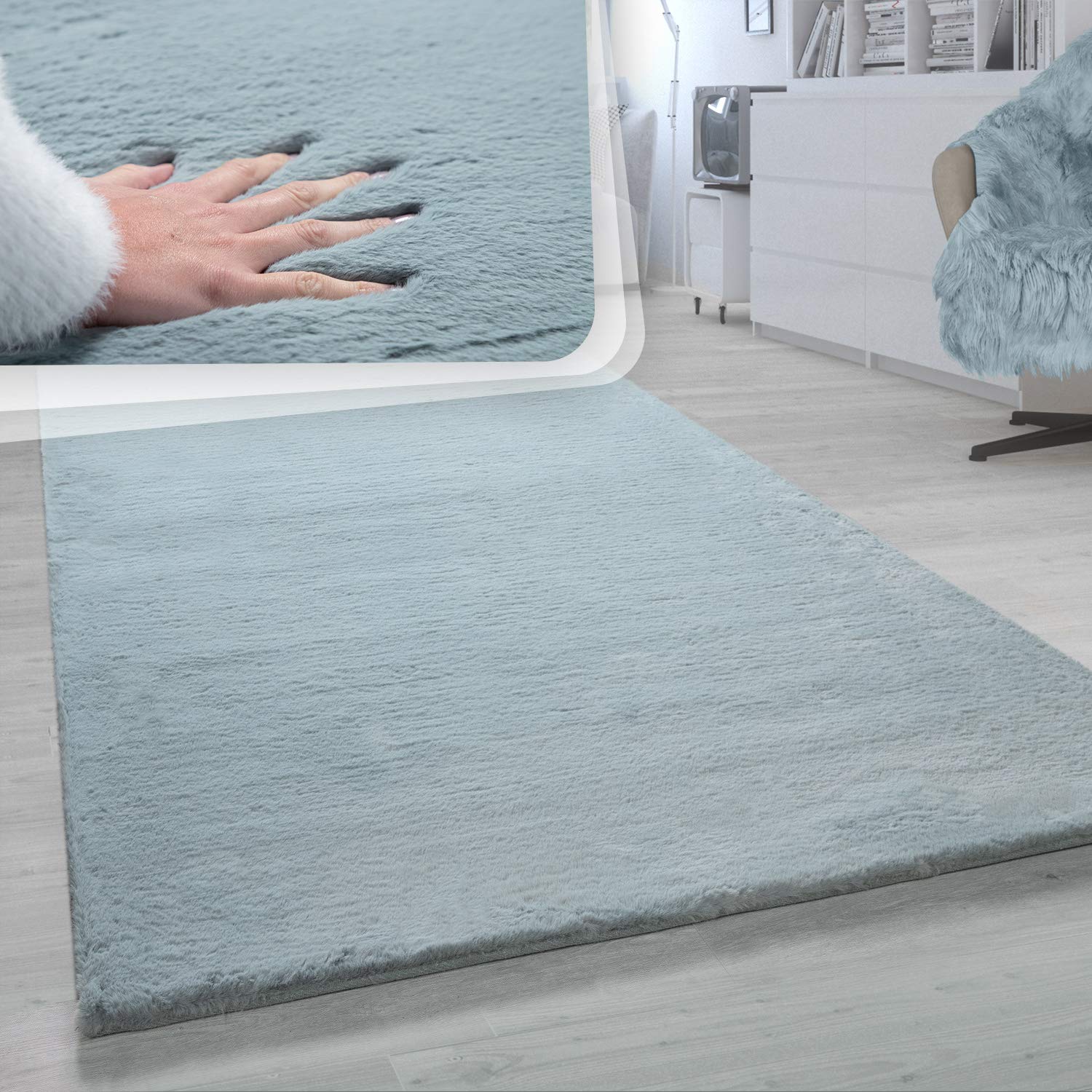 Paco Home Hochflor Teppich Für Wohnzimmer Softes Kaninchenfell Imitat Kunstfell In Türkis, Grösse:140x200 cm