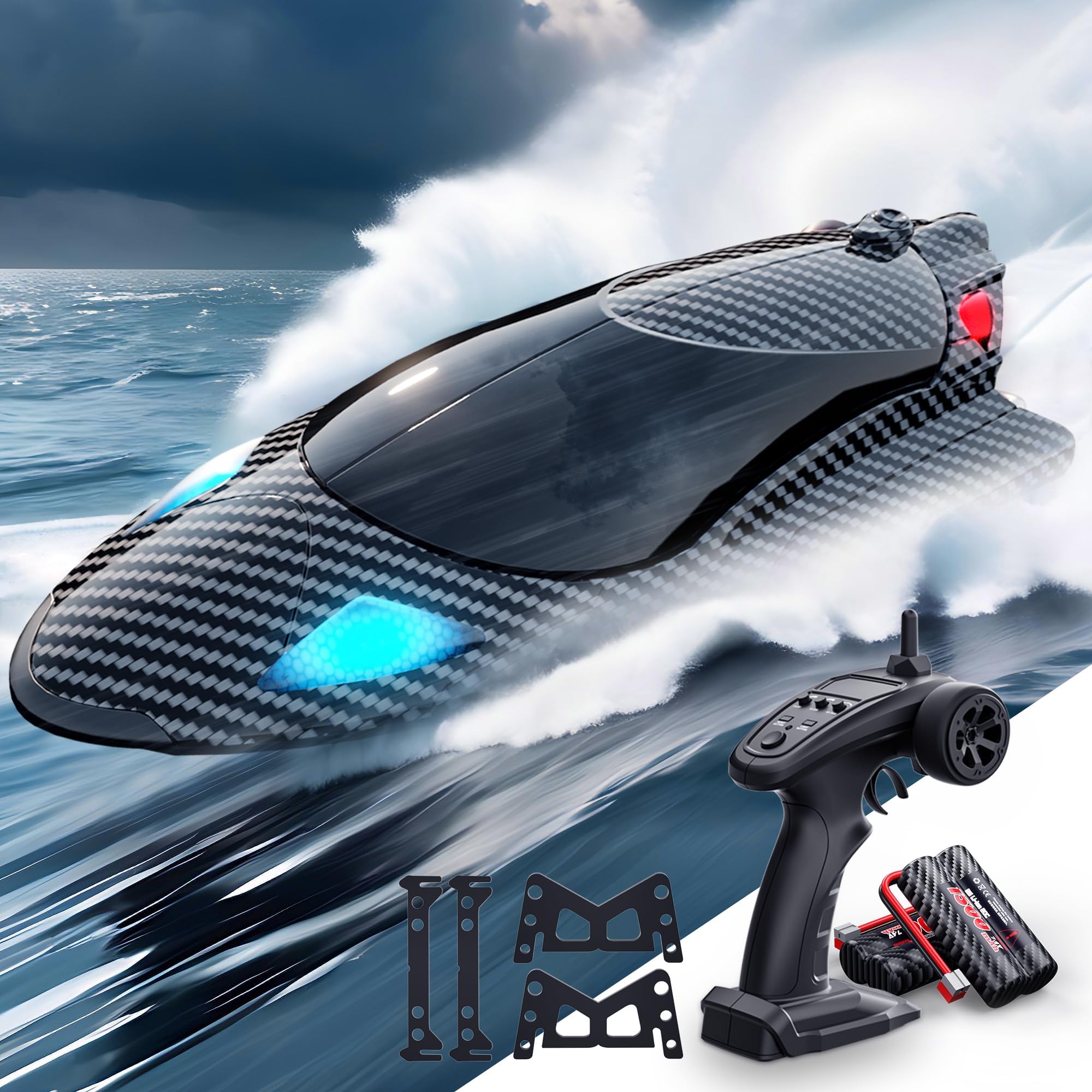 Remote Control Boat with LED Light,rc Jet Boat,35KM/H Remote Control Speed for Kids with 2 Batteries, 2.4GHz RC for Adults, Summer Water Toys Birthday Gifts