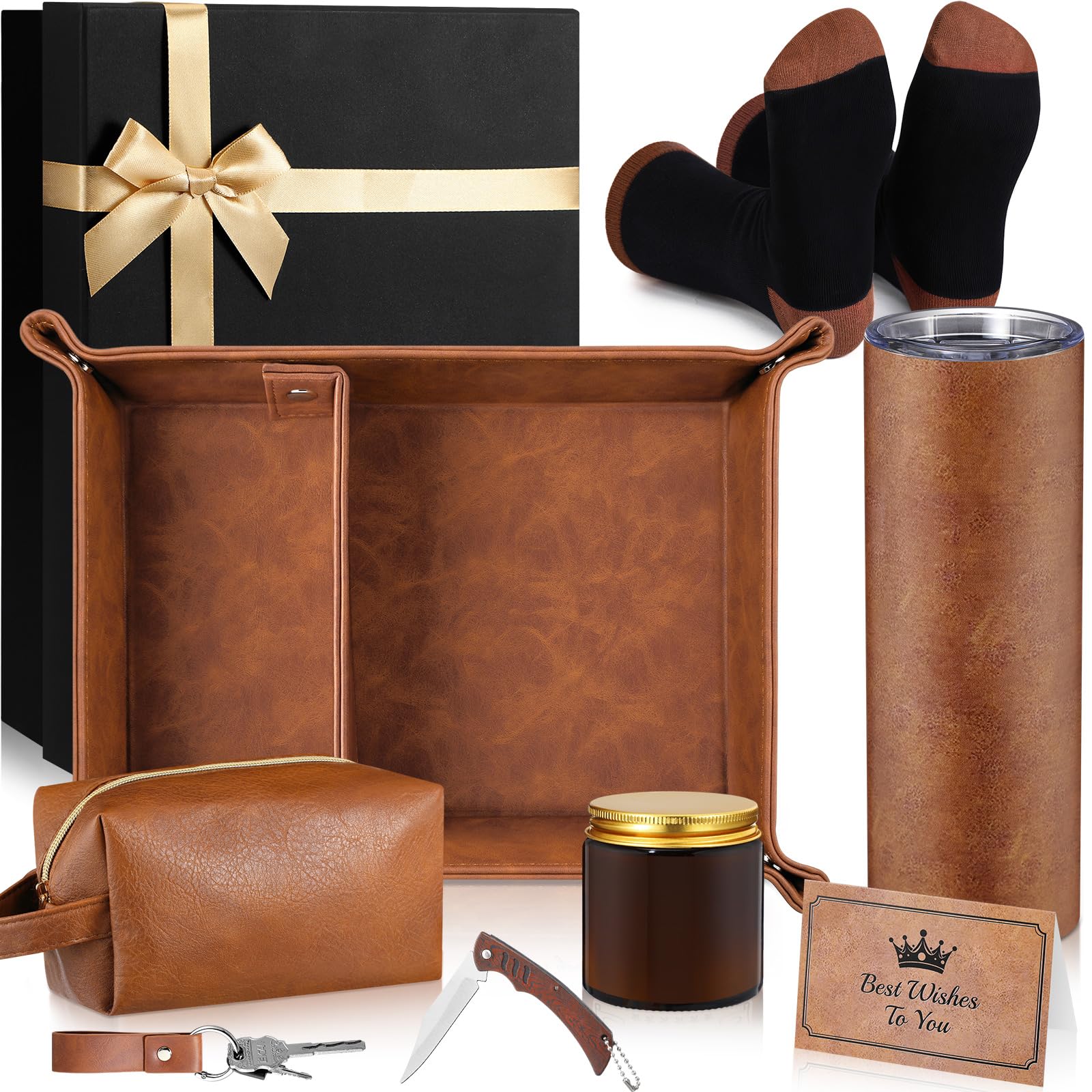 Sieral 10 Pcs Men Gift Set Box for Men Father's Day Birthday Anniversary Basket with Leather Tray Tumbler Socks Toiletry Bag Candle Wood Knife Dad Gift Set for Husband Grandpa from Wife Son Daughter