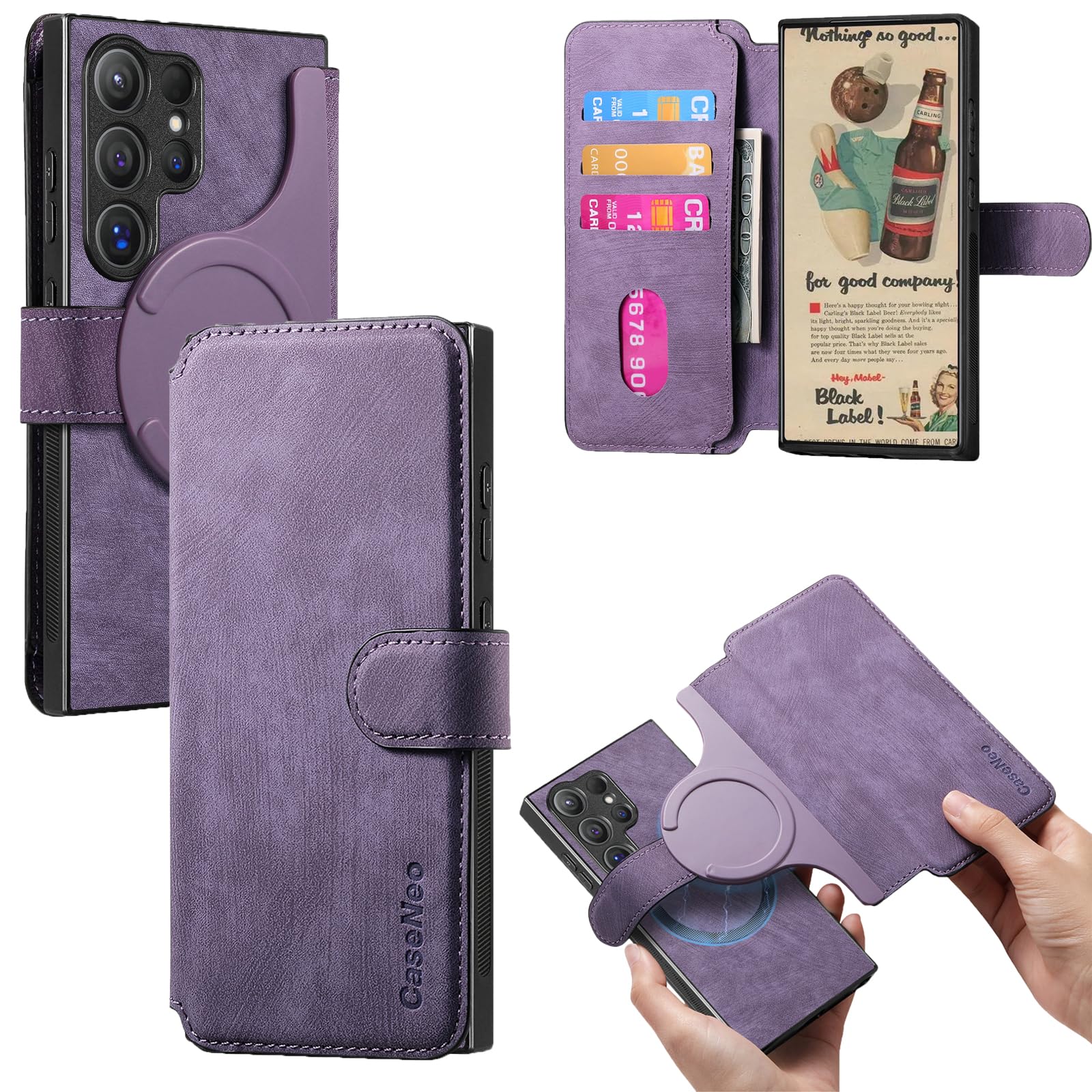 Fofvccv for Samsung Galaxy S24 Ultra Phone Case Detachable Magnetic Wallet, [RFID Blocking] [3 Card Slots] Retro Leather Flip Folio Case with Card Holder for Samsung Galaxy S24 Ultra CXMG, Purple