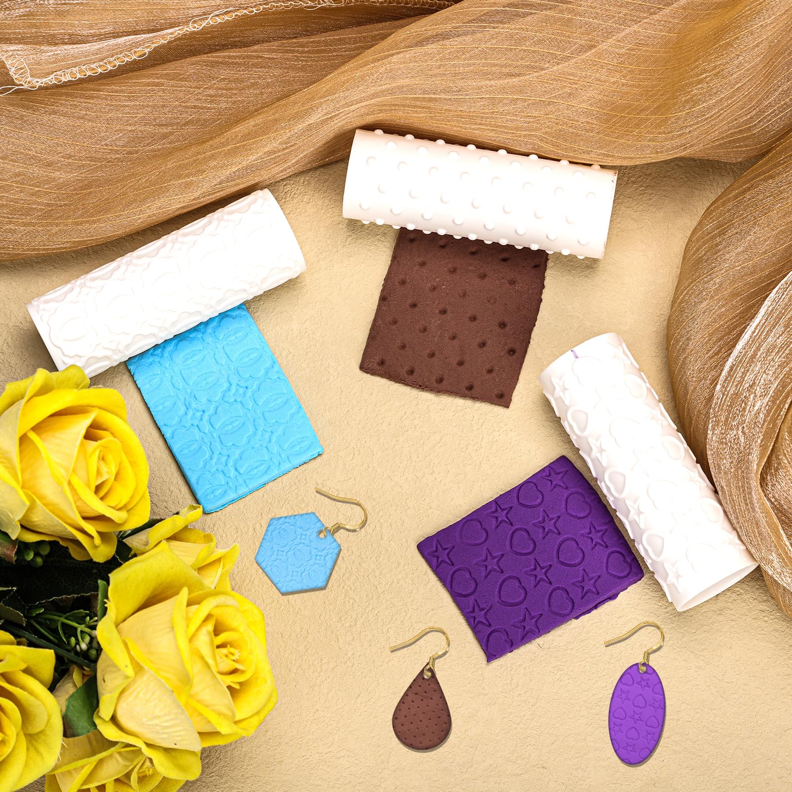 3pcs Polymer Clay Texture Rollers, Pottery Texture Roller Polymer Clay Modeling Pattern Roller Texture Roller for Clay Stamps Earrings Embossing Roller for Clay, Work with Polymer Clay Cutters - Image 4