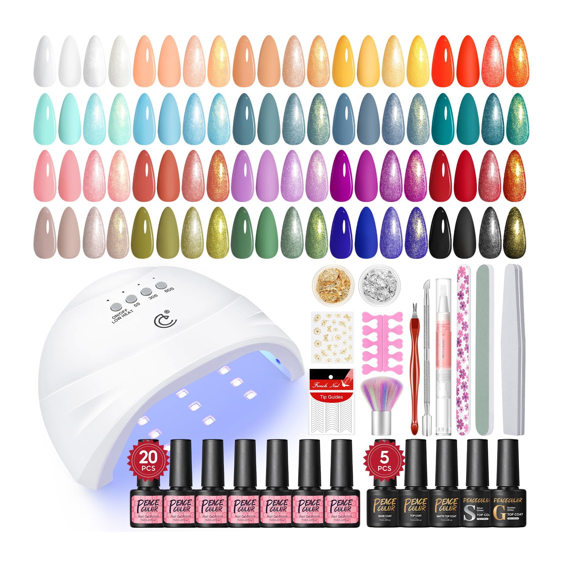 PEACECOLOR 38PCS Kit Uñas Semipermanentes Completo con Lámpara,20 Colores Esmaltes Semipermanentes para Uñas con Base, Top Coat Brillante y Mate Kit Uñas de Gel para Principiantes