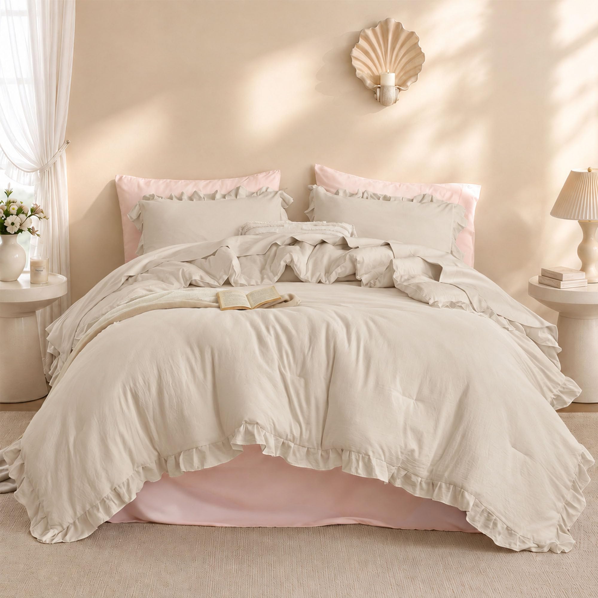 JANZAA Beige Comforter Set Full, Ruffle Soft Bedding