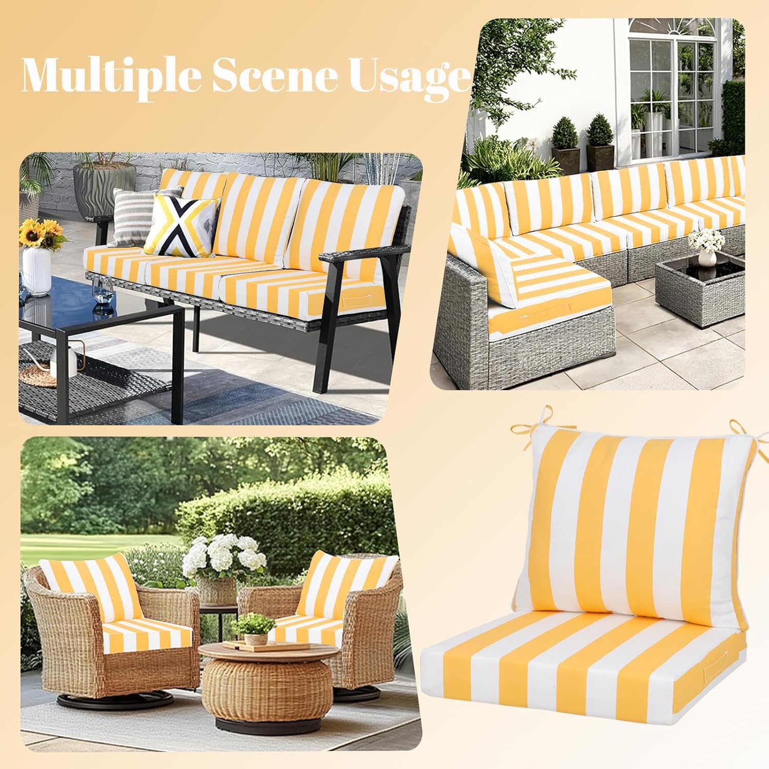 Outdoor Deep Seat Cushions Set 4.3 in, Fade Resistant, Waterproof Patio Chair Cushion with Backrest for Glider Rocker Loveseat Sofa (2, Yellow and White)