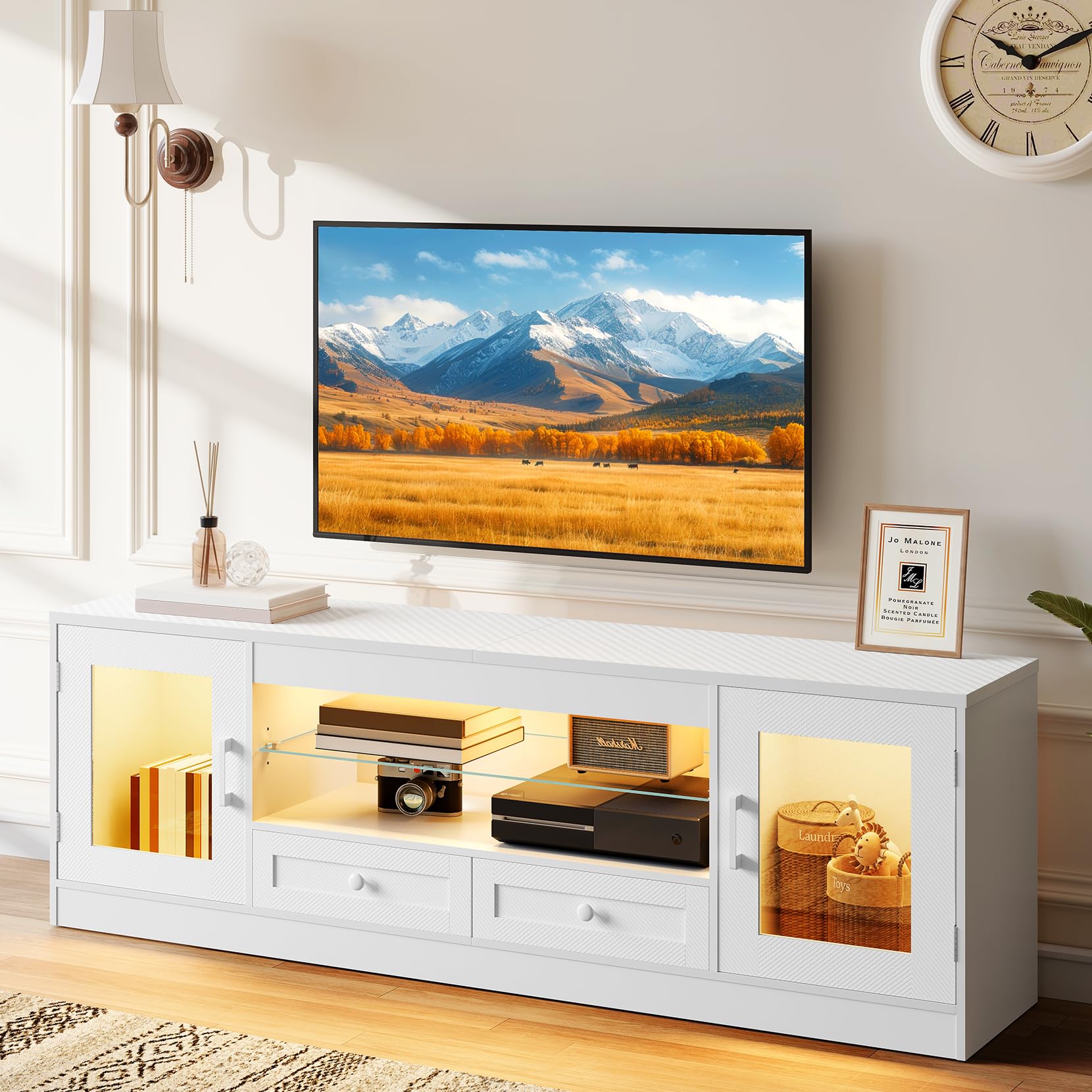 Concho 148 CM LED TV Stand Cabinet for 55 TVs, Gaming Entertainment Center with RGB Lights & Drawers for PS5, Modern TV Unit for Living Room Bedroom, White — image 1