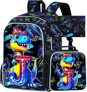 KLFVB 3PCS Dinosaur Backpack for Boys Set, 16 Inch Water Resistant Preschool Bookbag with Lunch Box - Dinosaur with Letter J