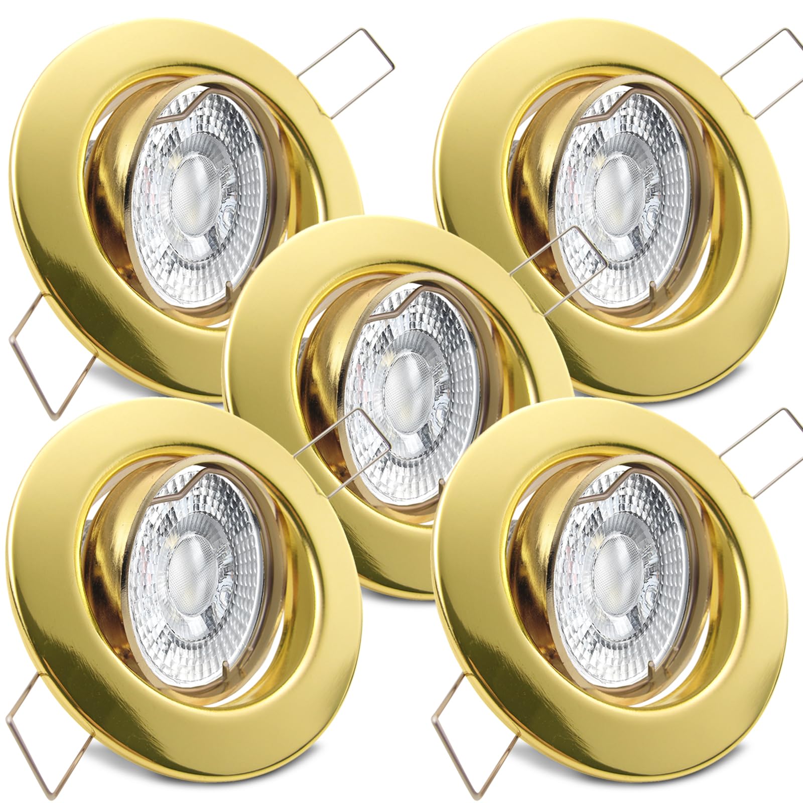 trendlights24 Decora LED Einbaustrahler flach 3 Step dimmbar 230V 5W 5x Set | Gold, rund, extra flach, 35mm ET, LED-Spot, 3 Stufen dimmbar, Warmweiß, 3000k, austauschbar, Einbauleuchte, schwenkbar