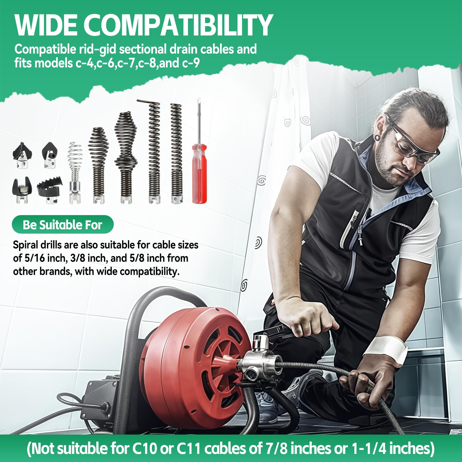 Set di utensili da taglio a spirale per scarico, 10 pezzi, per cavo di scarico ad alte prestazioni, adatto per RIDGID K-400 C-4 C-6 C-7 C-8 e C-9