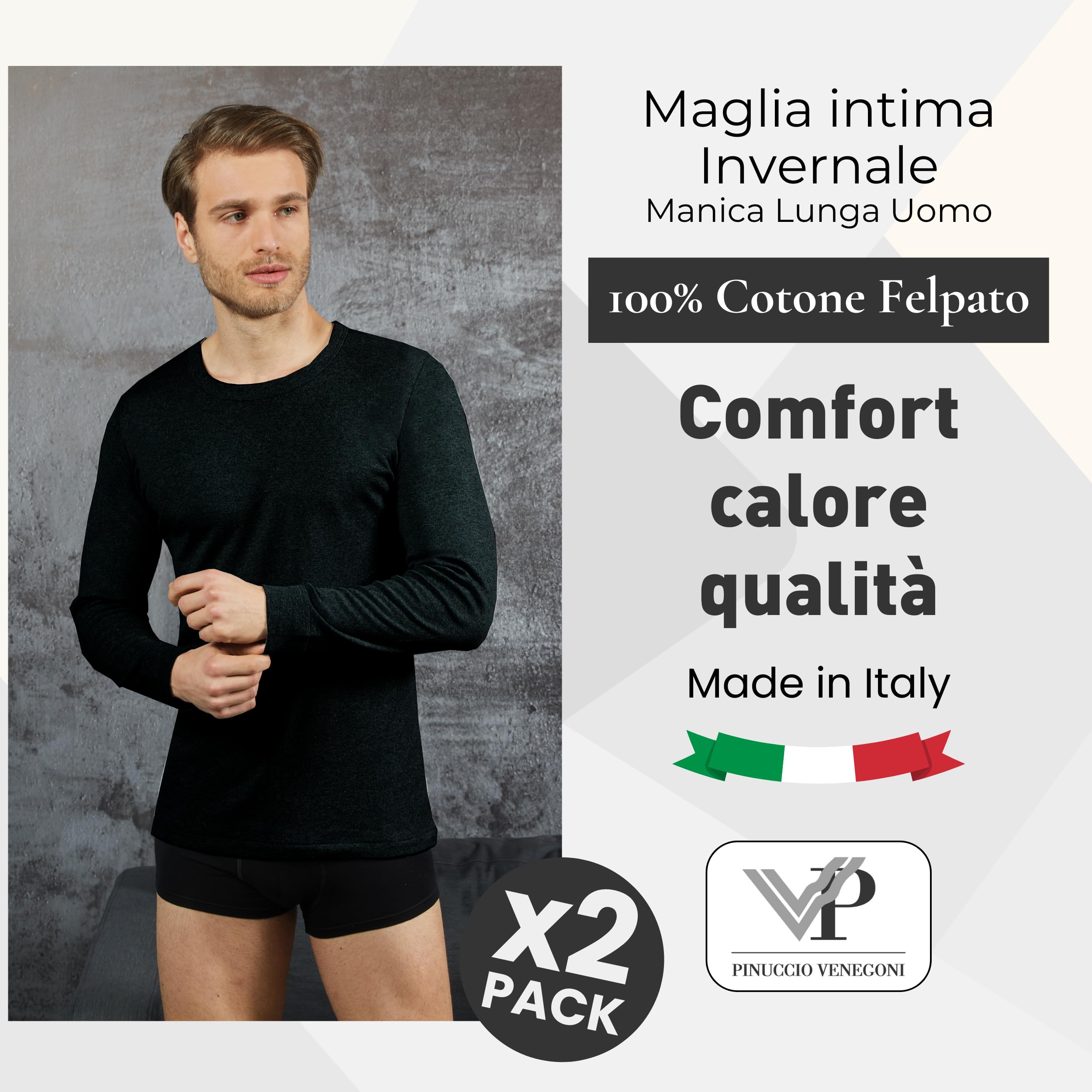 VP PINUCCIO VENEGONI Maglia Manica Lunga Uomo (Pacco da 2) 100% Cotone Felpato | Maglia Termica Uomo Invernale, Girocollo, Maglia Intima, Made in Italy