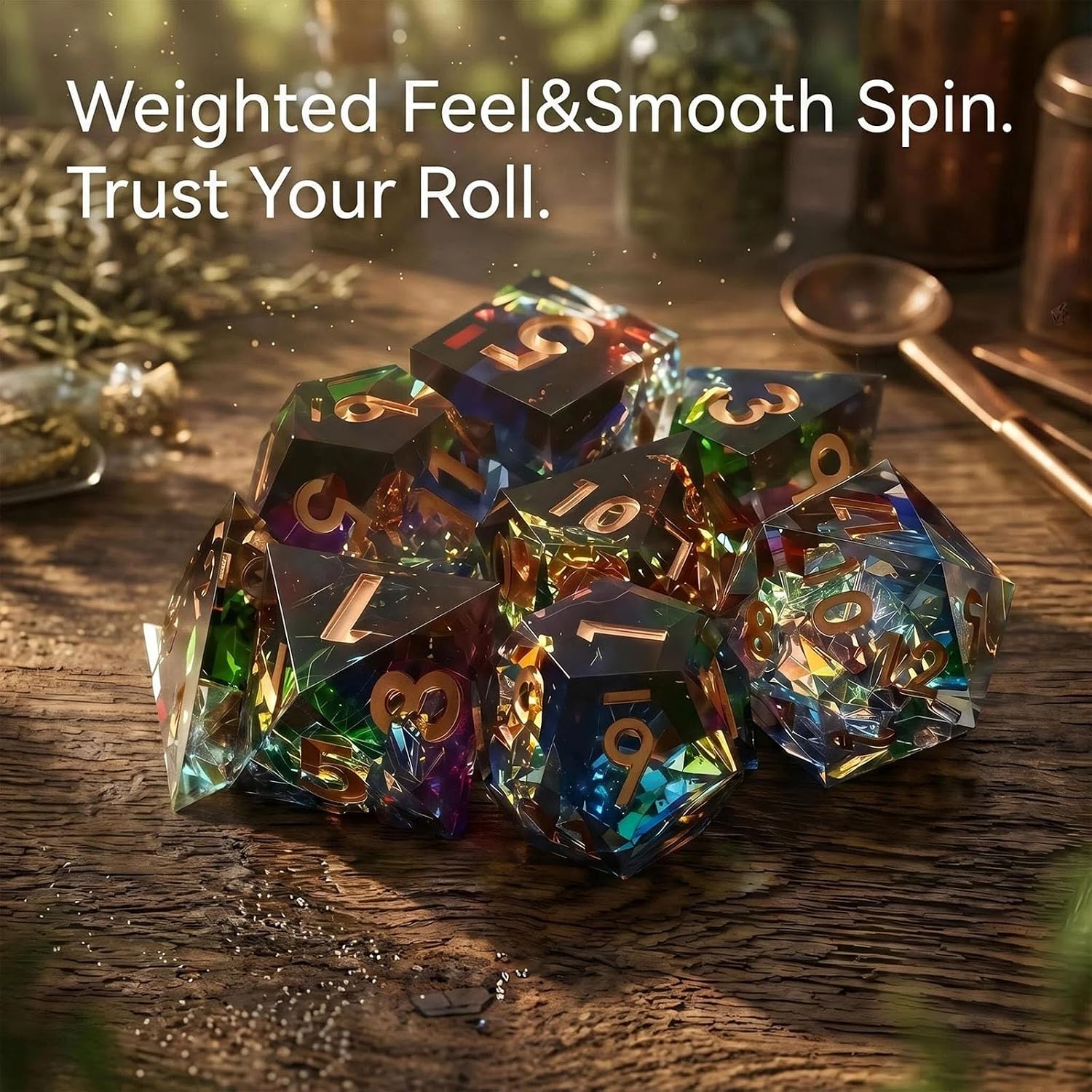 Sharp Edge Handmade Polyhedral DND Dice Set, Aurora Rainbow, Resin, 7 Piece with Gift Box