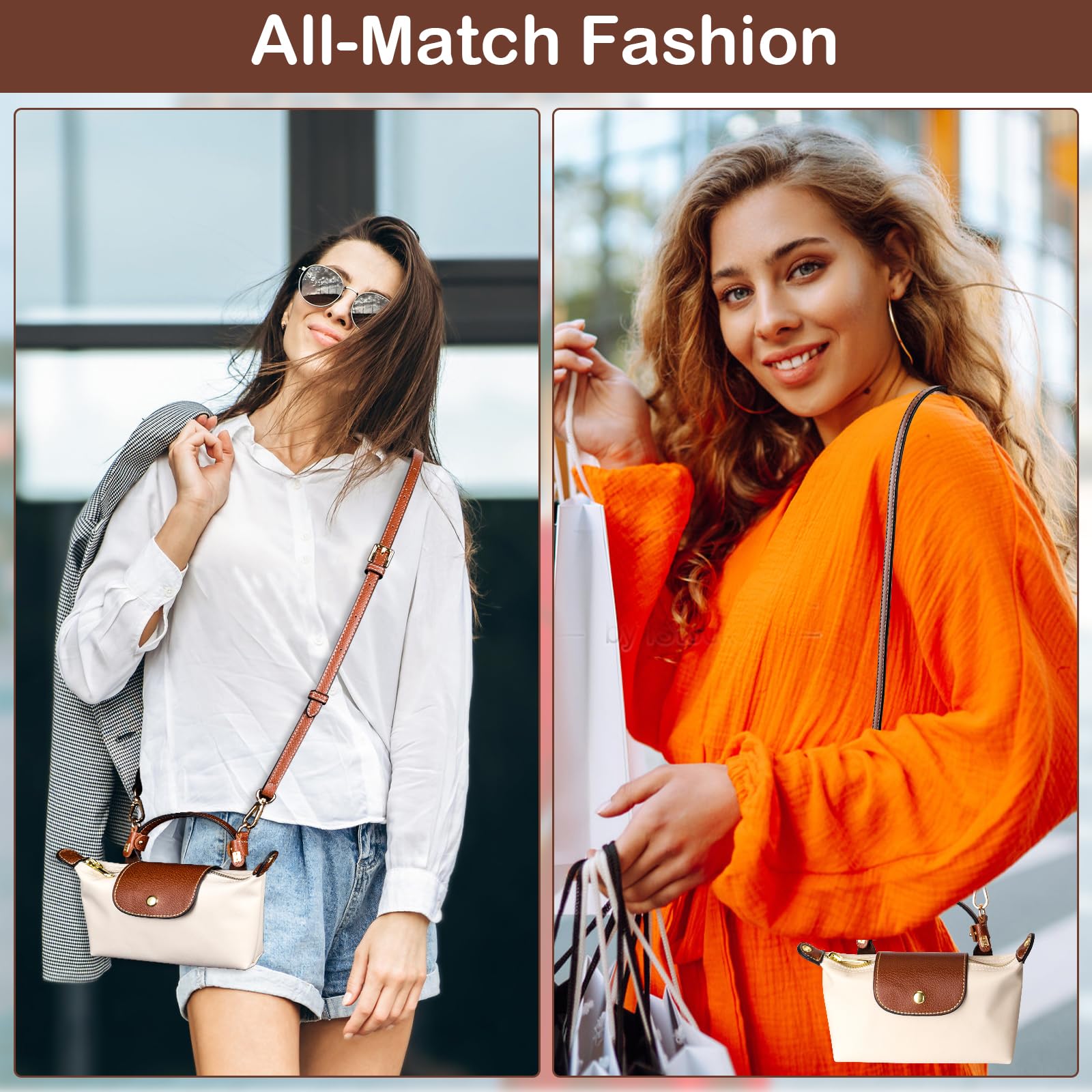 Bandoulière Réglable pour Sac Longchamp Mini, Marron, Sangle à Boucle Sans Perforation avec 2 Adaptateurs