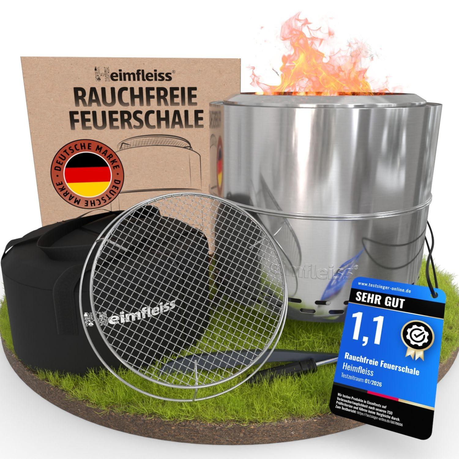 Heimfleiss® Rauchfreie Feuerschale Edelstahl Ø50cm | Feuerkorb mit Grillrost | Feuerschale Rauchfrei für Garten, Camping, Balkon & Terrasse | Rauchfreie Feuerstelle mit Grill | Feuertonne ohne Rauch