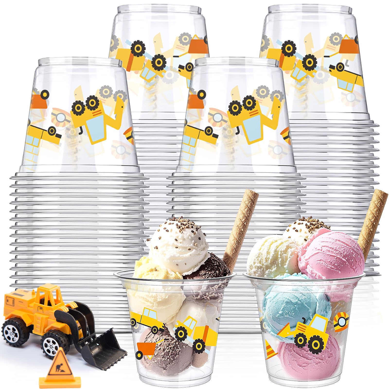 Newtay 50 Pcs Construction Theme Birthday Party Supplies 9oz Construction Cups Bulk Plastic Disposable Dump Truck Cups Snack Bowls for Ice Cream