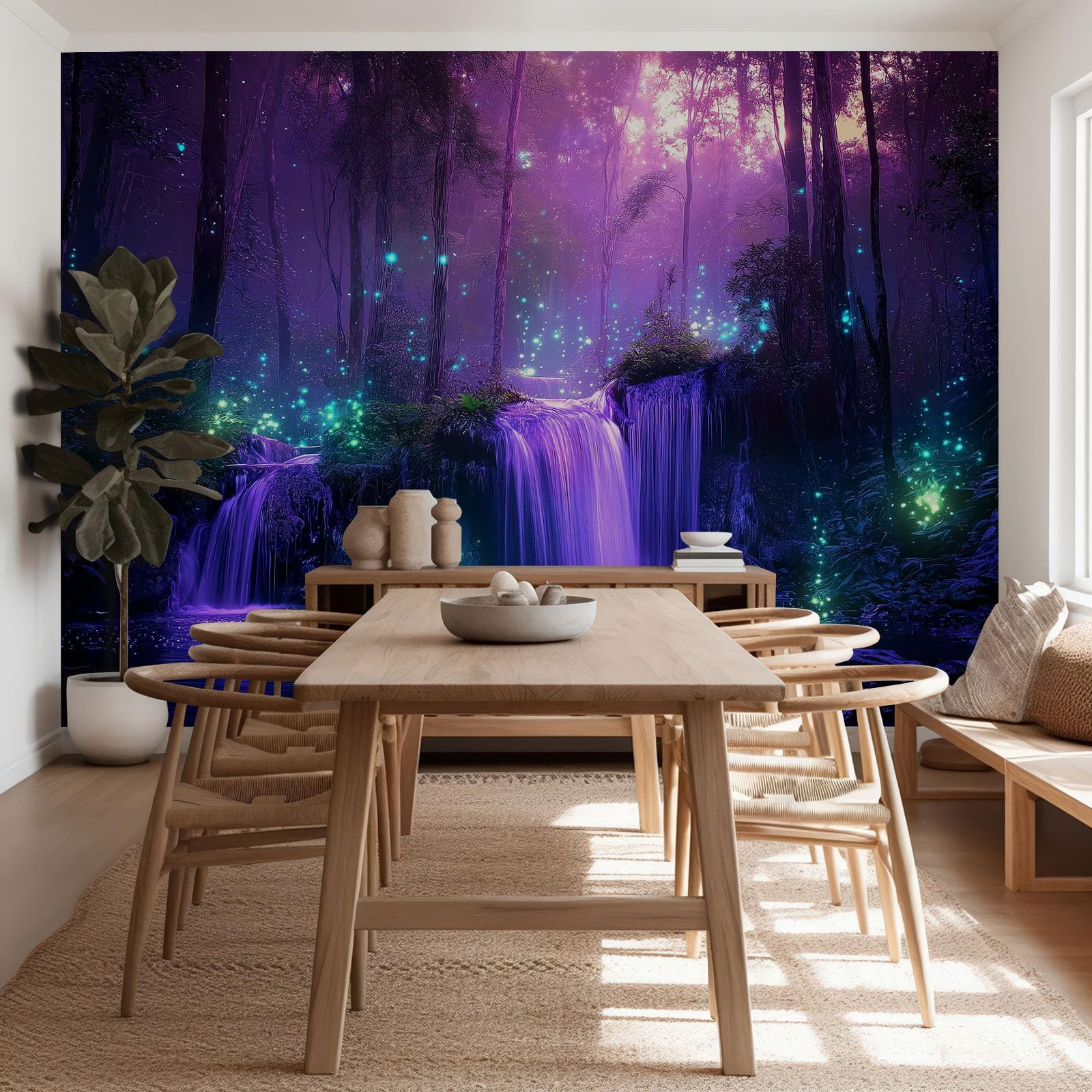 Fantasievoller Leuchtender Zauberwald Fototapete 350 x 256 cm (B x H) Vliestapete XXL Panorama Wandbild für Mädchen & Jungs Schlafzimmer Wanddekoration mit 3D Effekt, Lila