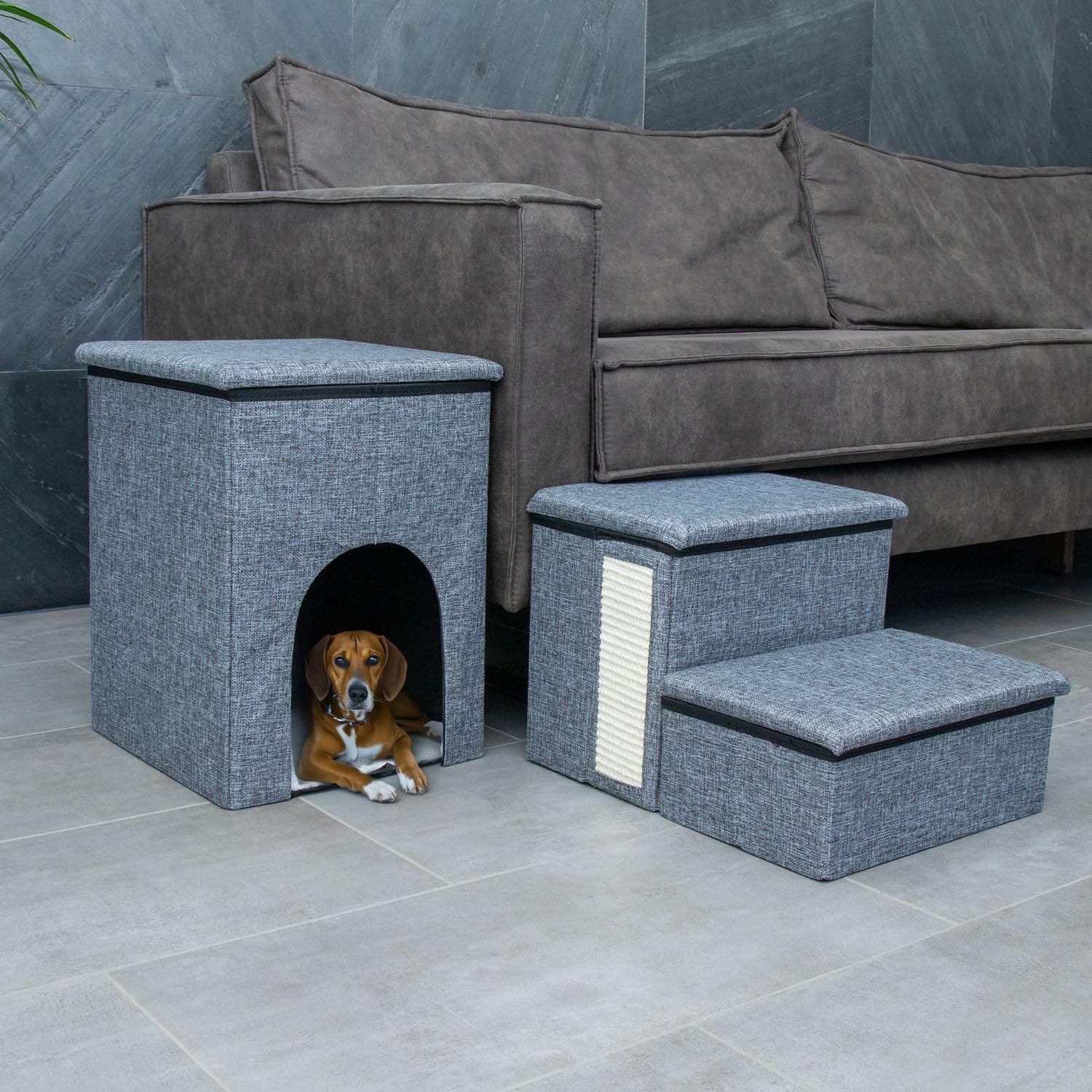 Intirilife Scale per cani pieghevoli con 3 gradini in grigio -72x32,5x43 cm- scale per animali domestici con vano portaoggetti -scala per gatti tiragraffi- box portaoggetti, per divano letto divano