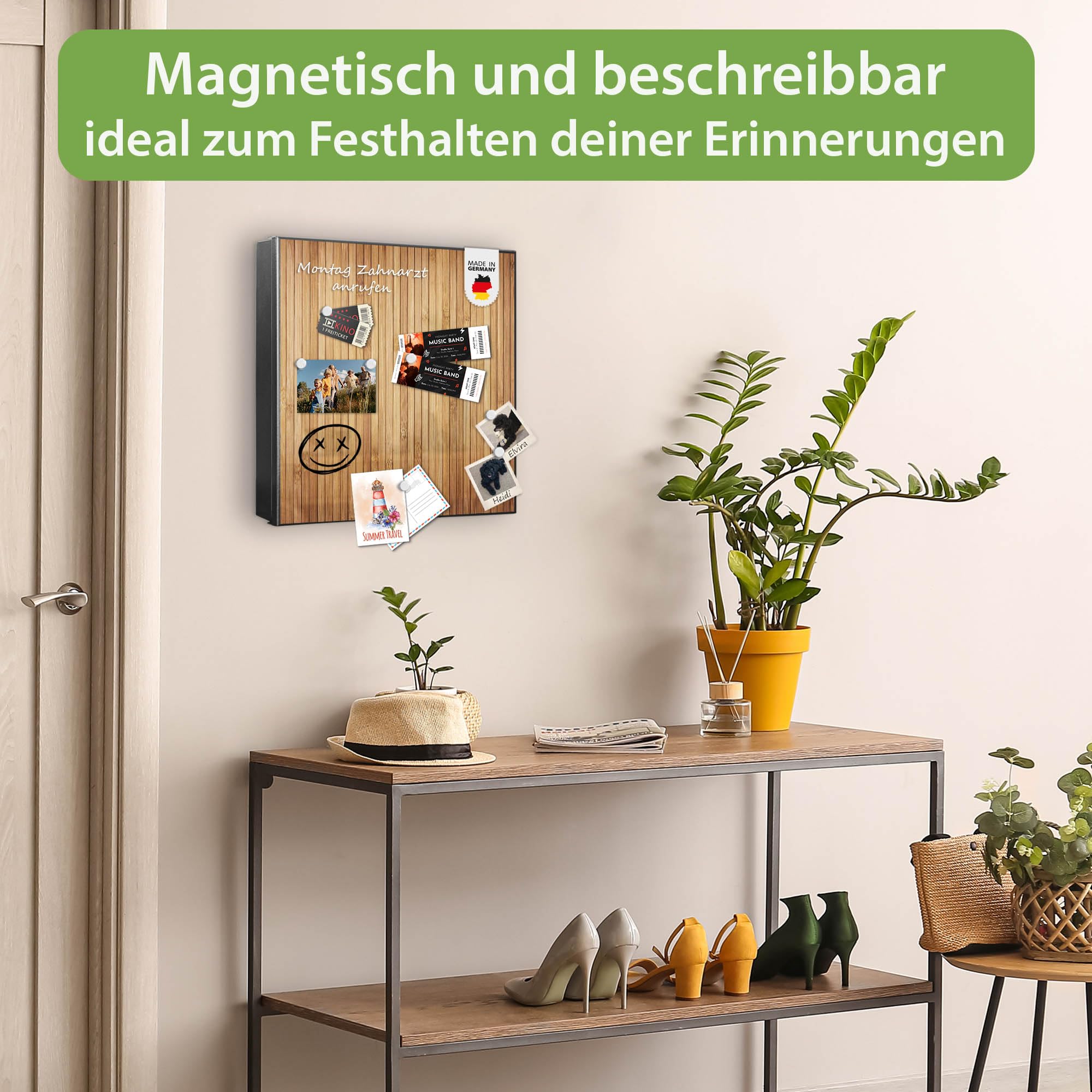 banjado Großer Schlüsselkasten Metall - Schlüsselbox 30x30cm beschreibbarer mit 32 Haken - Schlüsselkasten modern für Schlüsselaufbewahrung - Korpus Schwarz Scharnier Rechts - Motiv Bambusholz