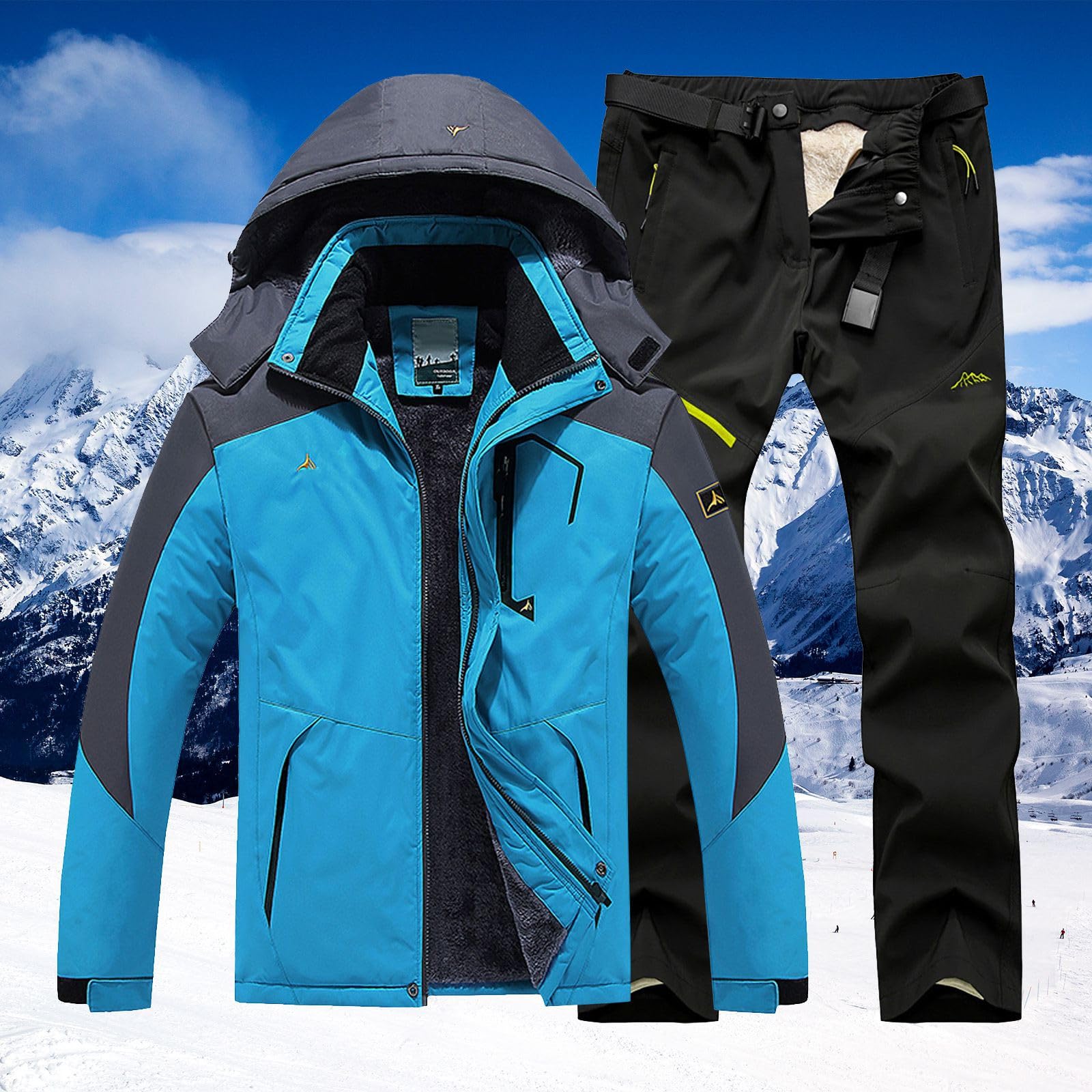Tuta da sci unisex da uomo e donna, impermeabile, con cappuccio, foderata in pile, giacca e pantaloni termici, due pezzi, tuta da snowboard invernale, caldo, antivento, giacca da trekking, pantaloni