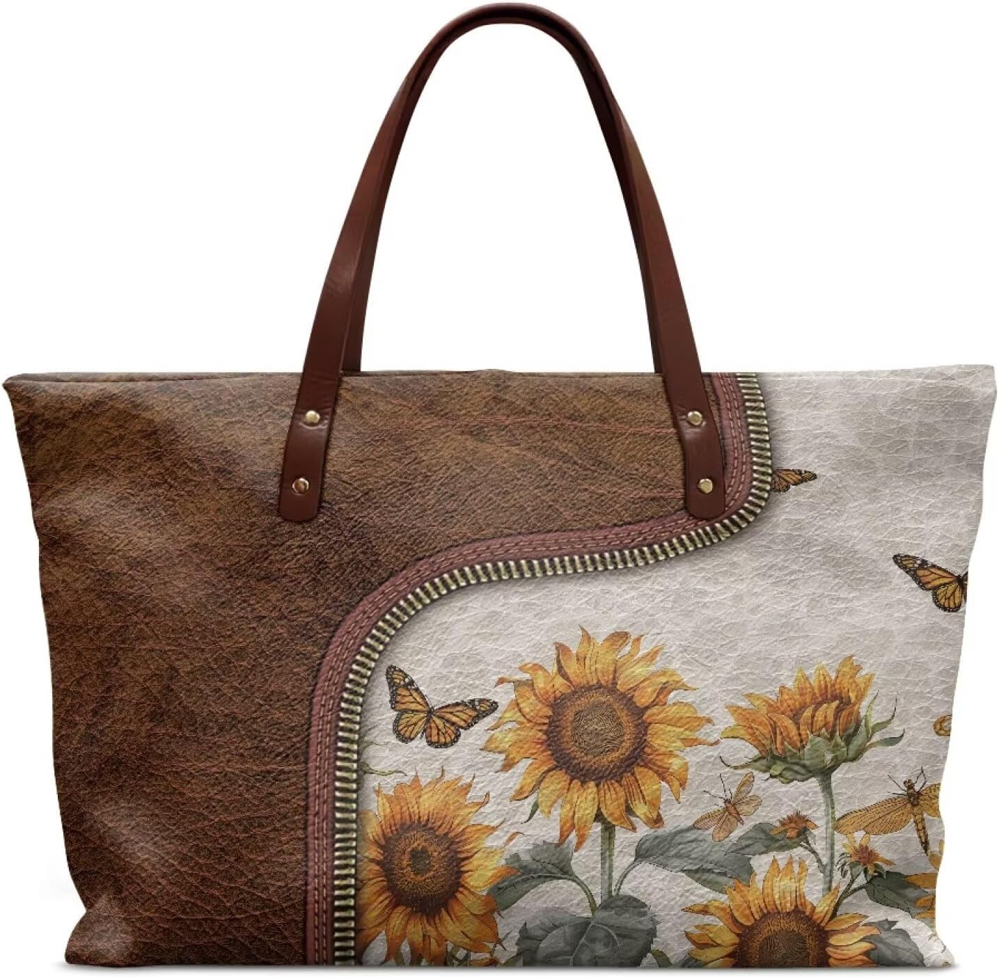 Women's Large Tote Bag with Zipper, Oversized PU Leather Ladies Travel Purses Waterproof Handbags