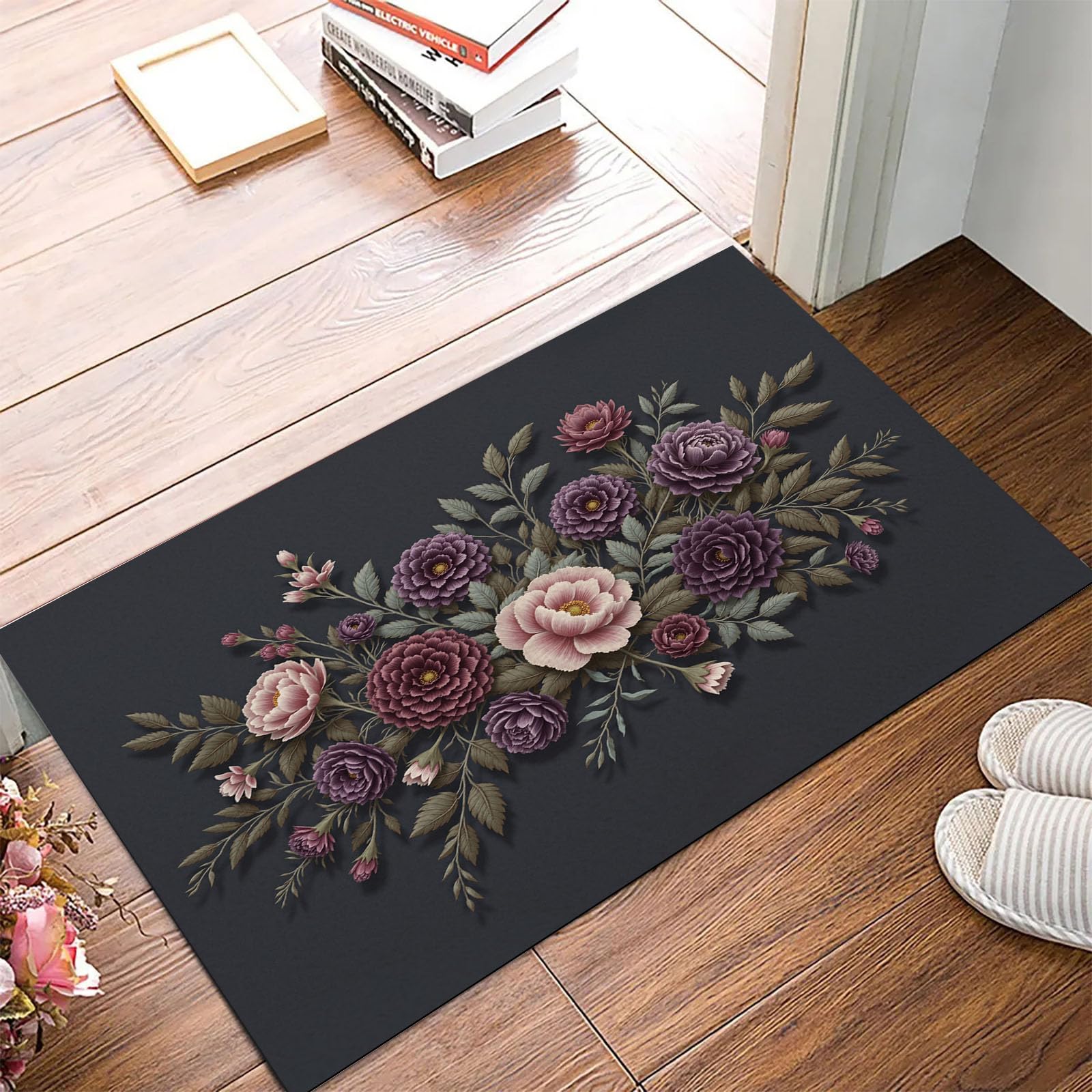 Tapis de porte d'entrée chic en microfibre pivoines violet foncé