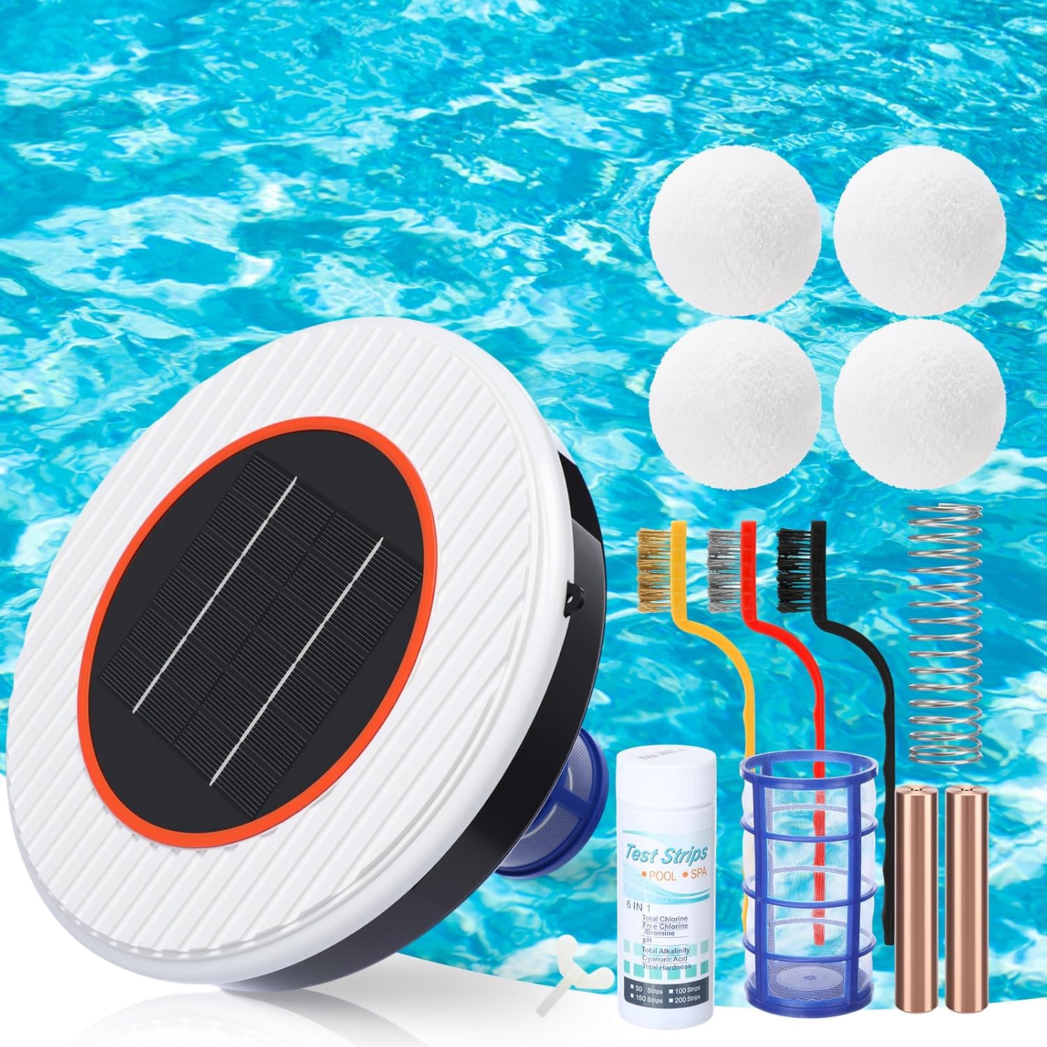 Solar Pool Ionizer with 2 Copper Anode, Floating Water Cleaner and Purifier, Kill Algae in Pool, 85% Less Chlorine, with 4 Pcs Scum Eliminating Ball for Fresh Salt Water Pools Spas