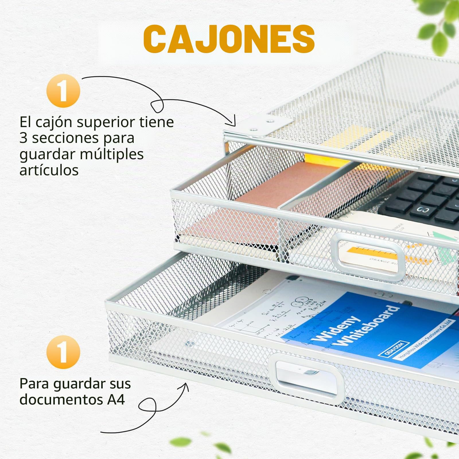 Cajón bajo escritorio reforzado - 2 cajones deslizantes A4 - Organizador de almacenamiento de metal (GRIS)