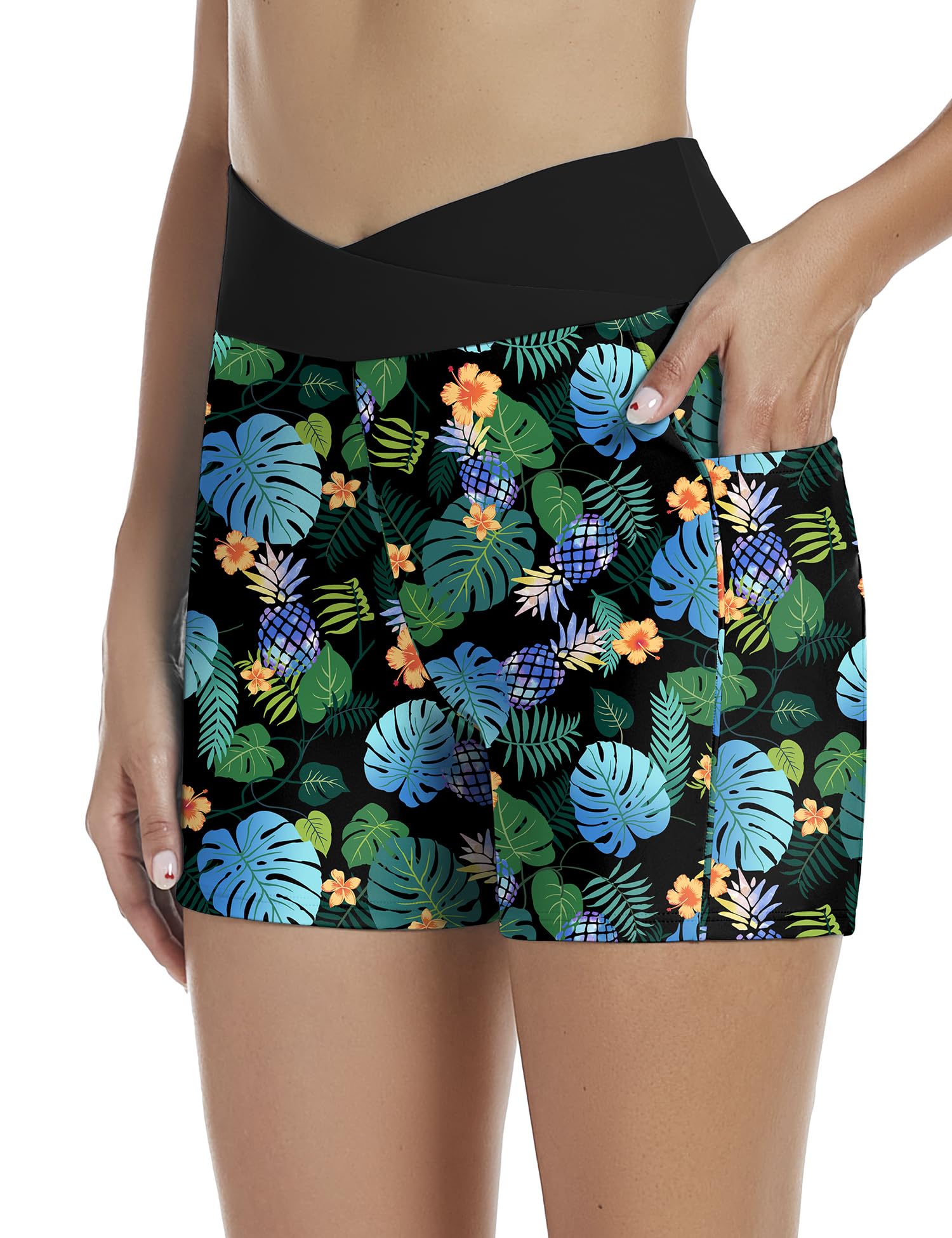 Tournesol Women's 4" Swim Shorts High Waisted Swimsuit Bottoms Cross Waist Bathing Suit Swimwear Boy Shorts with Pocket