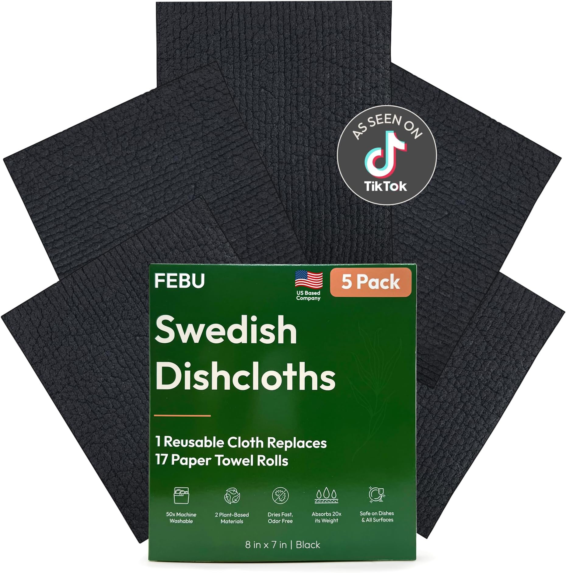 FEBU Swedish Dishcloths for Kitchen | 5 Pack Black Reusable Paper Towels Washable | Swedish Dish Towels | Non-Scratch Cellulose Sponge Cloths | No Odor, Biodegradable Cleaning Cloths