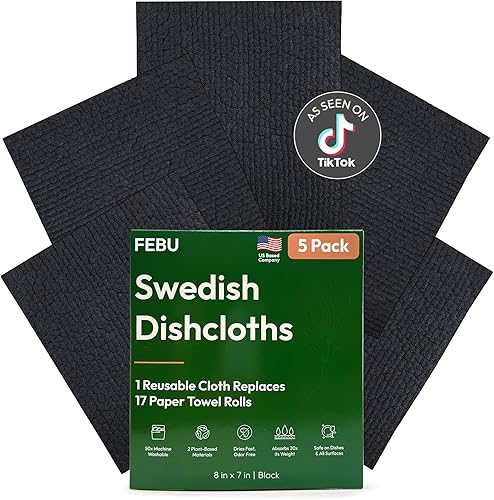 FEBU Paños de cocina suecos | Paquete de 5 toallas de papel reutilizables negras lavables | Toallas de cocina suecas | Paños de esponja de celulosa