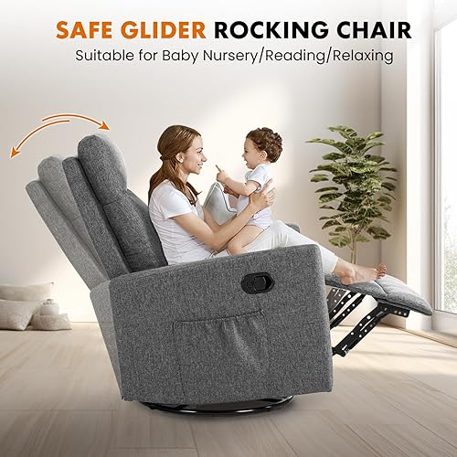 Miniatura 17 de Sweetcrispy Silla reclinable, silla basculante giratoria 360 grados para adultos, sillas reclinables deslizantes, sillas de guardería para sala