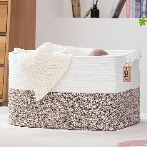 COMFY HOMI - Cesta de lavandería grande para organizar, cesta rectangular de cuerda de algodón con asas, cesta de manta para sala de estar, cesta de COMFY HOMI - Cesta de lavandería grande para organizar, cesta rectangular de cuerda de algodón con asas, cesta de manta para sala de estar, cesta de