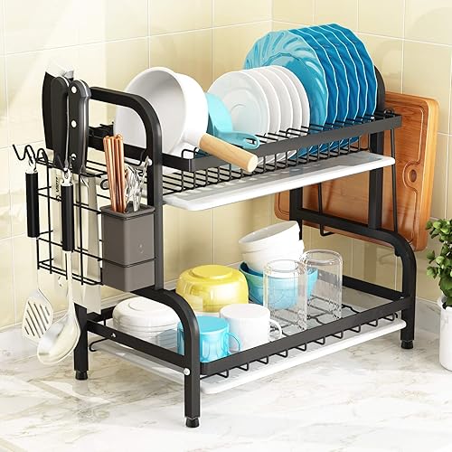 Miniatura 3 de 1Easylife - Juego de escurridores compacto para platos de cocina de 2 niveles escurridor de platos grande a prueba de óxido con soporte para Negro,