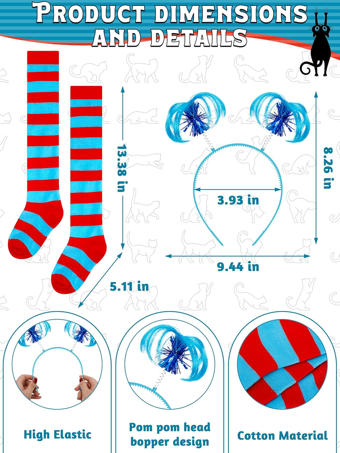 Blue Tutu Cosplay Set, 4PCS Tulle Tutu Skirt Ponytail Headbands Blue Red Striped Gloves High Knee Socks Girl Costume - Image 5