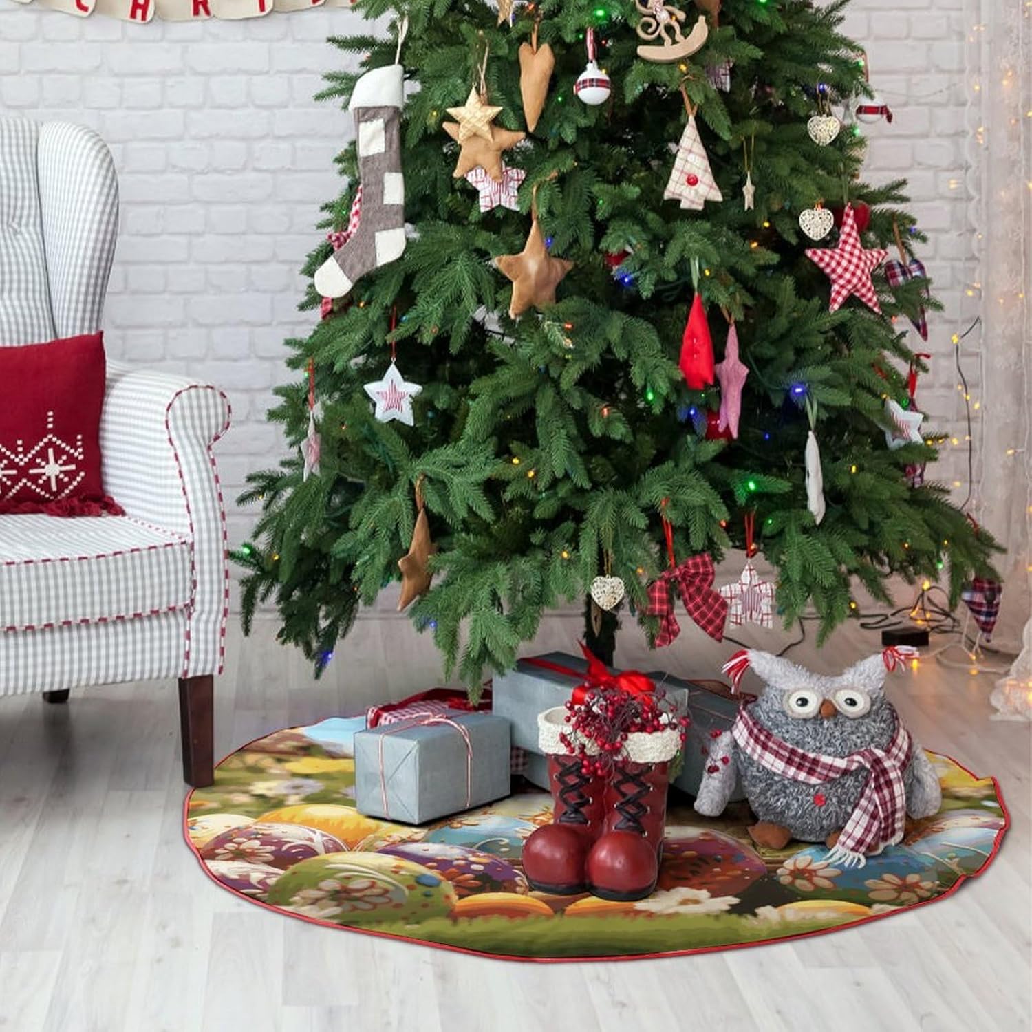 Christmas Tree Skirt,for Xmas Tree Holiday Party Decorations Easter Colorful Eggs Printed Christmas Tree Mat Red Lace-up Christmas Tree Dress