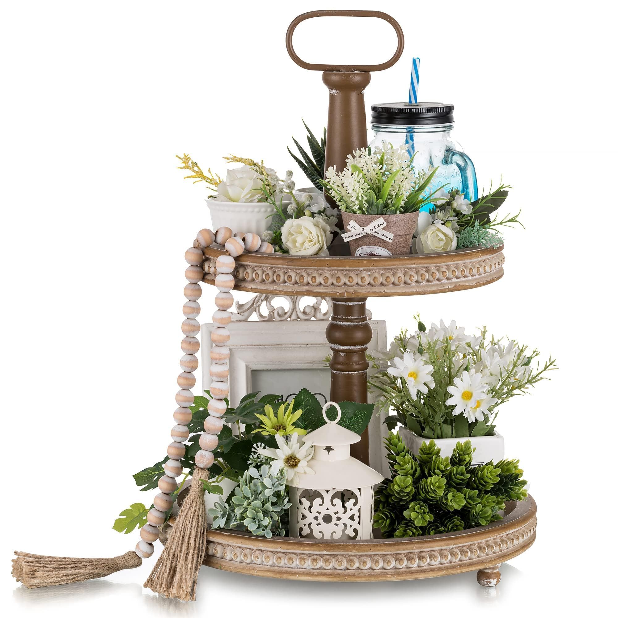Hanobe Decorative Wooden Tiered Tray: Wood 2 Tier Stand Farmhouse Serving Tray Decor Round Brown Beaded Trays for Kitchen Coffee Table Centerpieces Counter Easter Spring Valentine's Day