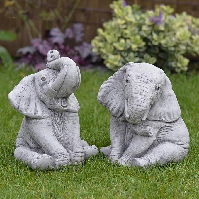 ONEFOLD Stone Pair of Elephants Ornament Outdoor Garden Sculpture