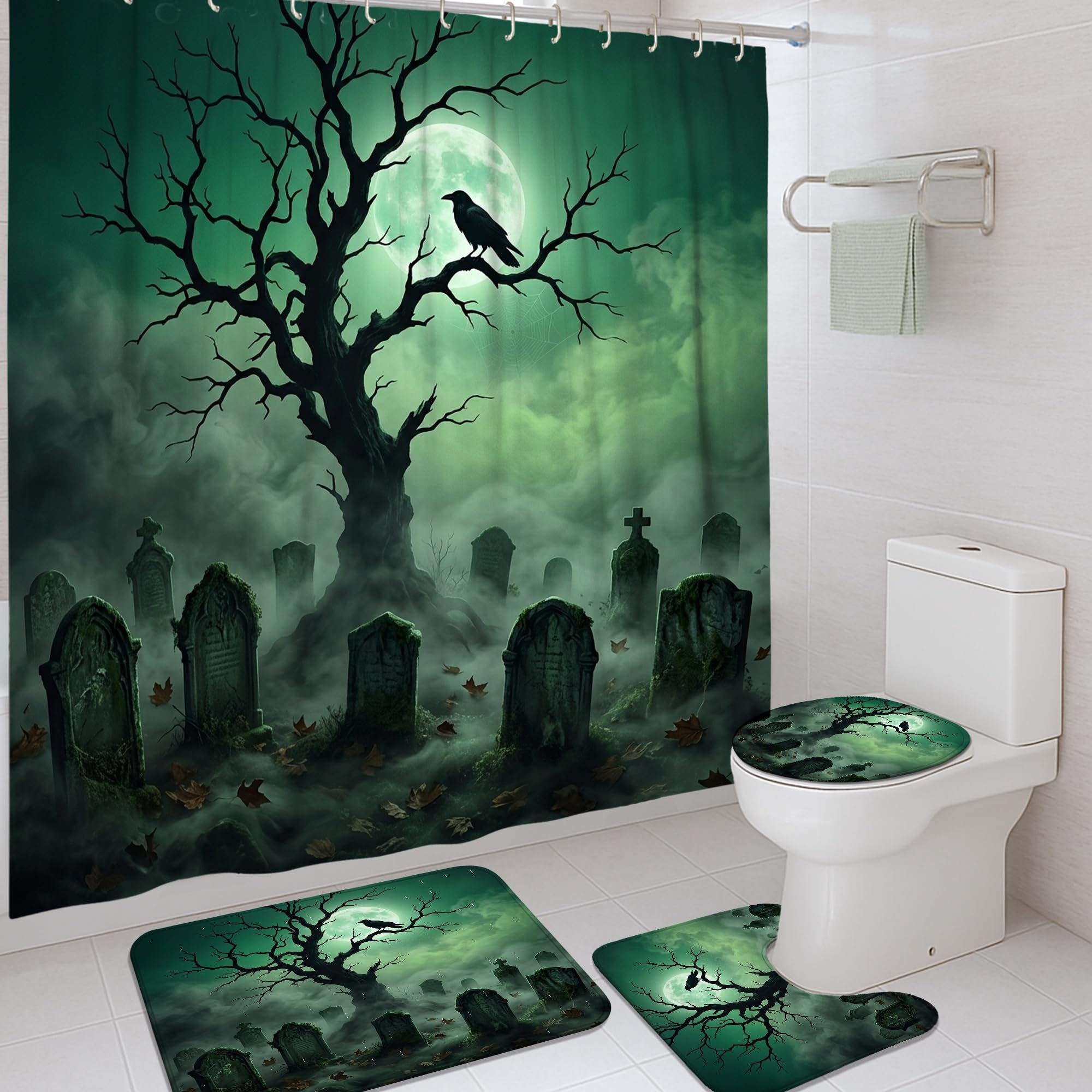 Rideau de douche gothique Halloween avec tapis vert lavable et crochets