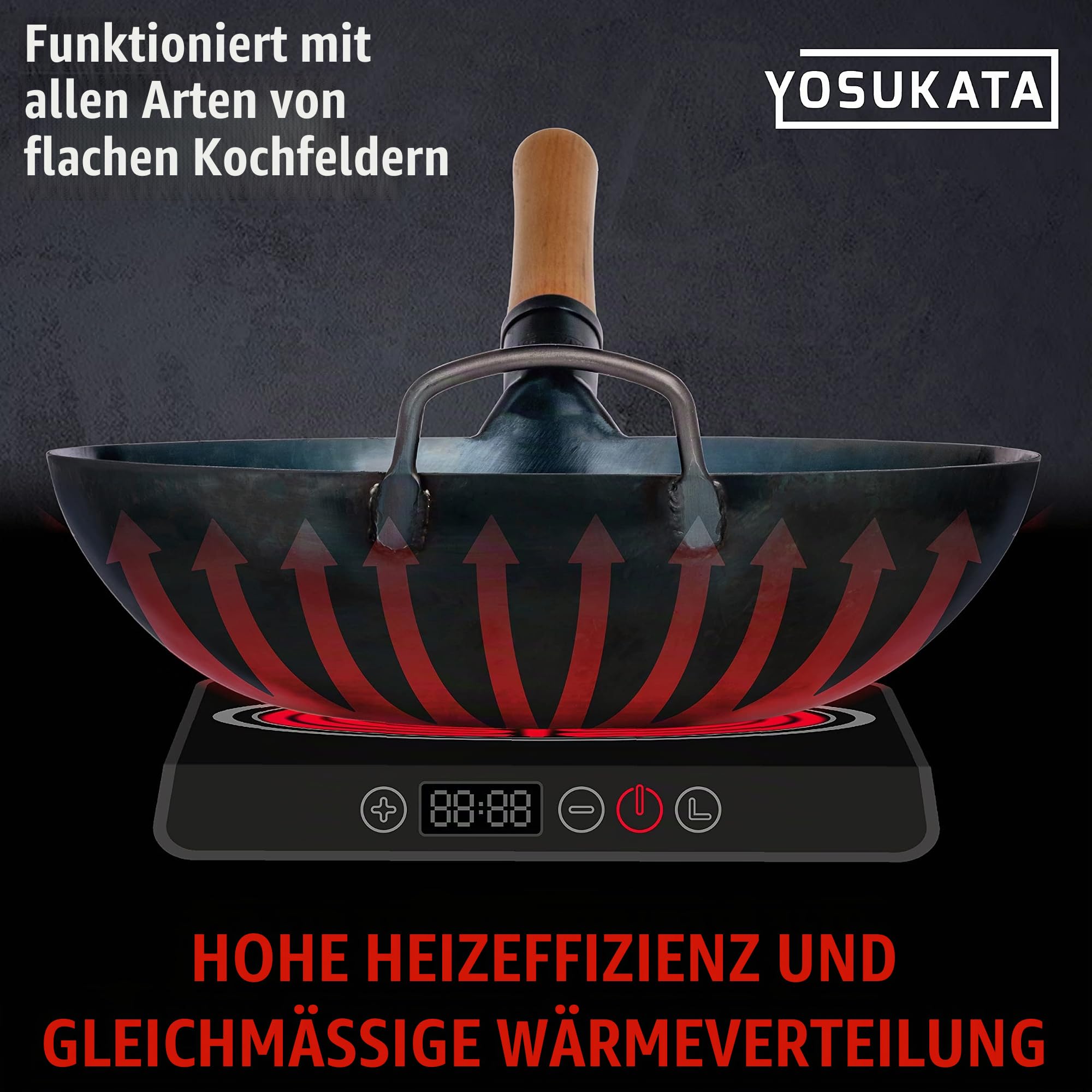 YOSUKATA Karbonstahl Wok 34 cm + Wok-Deckel 32,5 cm - Edelstahl-Wokdeckel