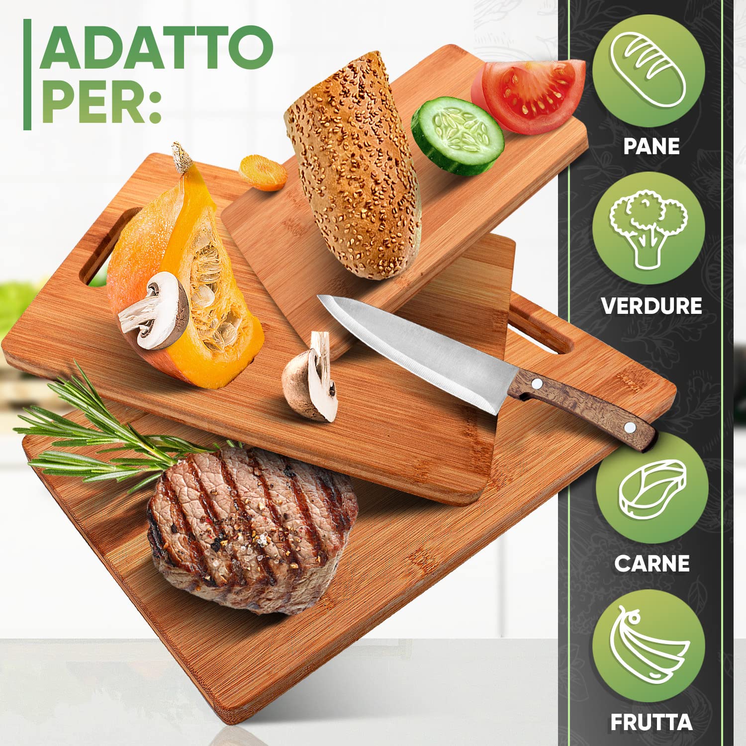 Utoplike Tagliere extra large in legno, XXXL tagliere in bambù con scanalatura per succo, manico, grande blocco da macellaio per cucina (76.2 x 50.7 x 2.5 cm