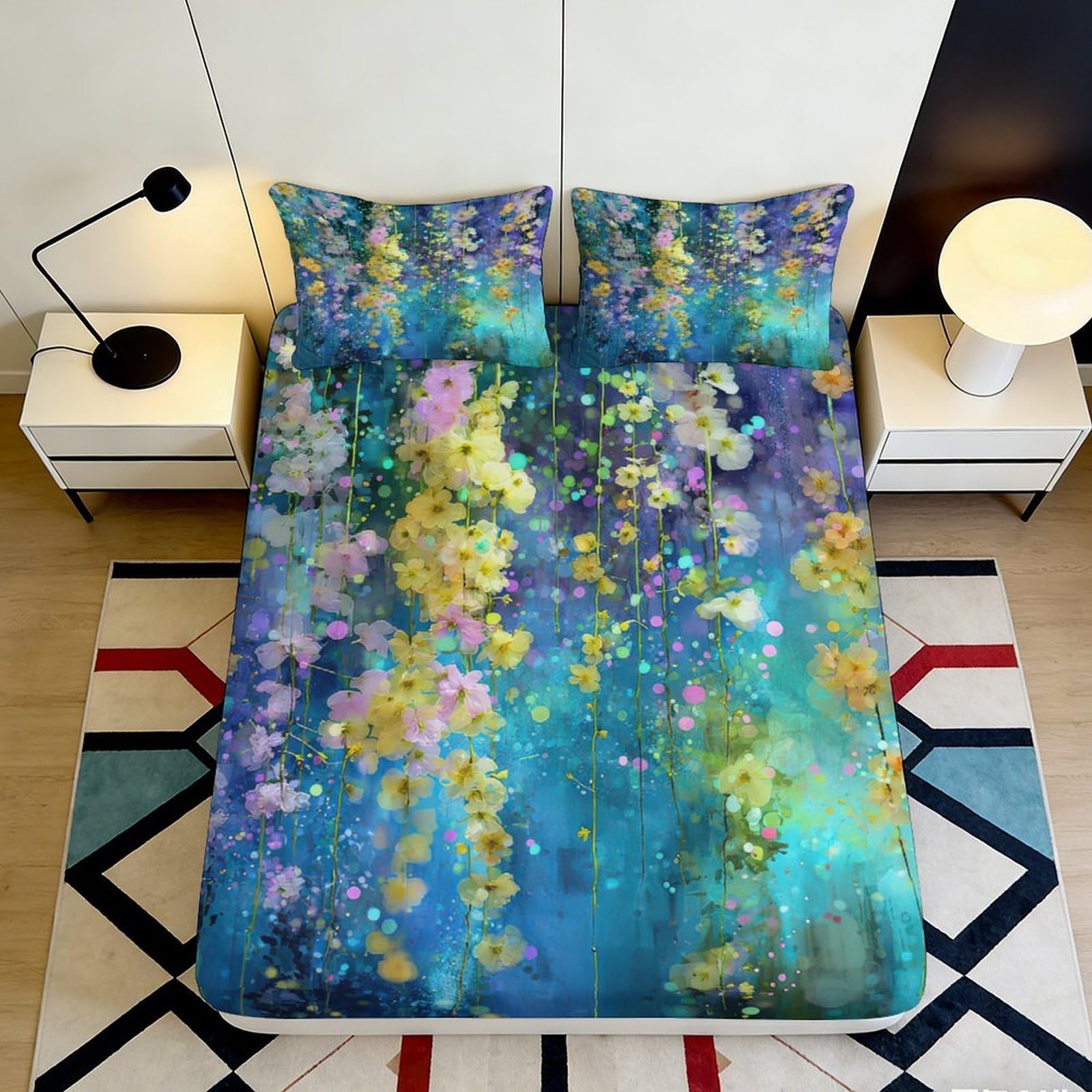 Jqzkxnhpbr Style-3 3D Printed Watercolor Blossom Fitted Sheet Microfiber Soft Non-Slip Starfall Mattress Cover Bedroom Decor 90X200x25cm