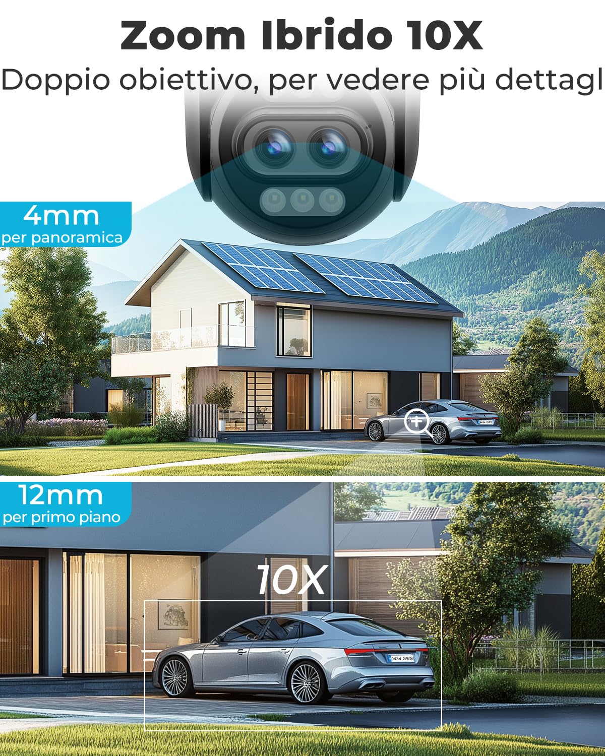 GENBOLT 4K Telecamera Wi-Fi Esterno, Doppia Lente 8MP,Telecamera IP CCTV | Zoom Ibrido 10X,Registrazione 24/7,2.4/5GHz,PTZ,DC&POE,Visione Notturna Colori,Rilevamento Automatico di Persone/Veicoli,IP66