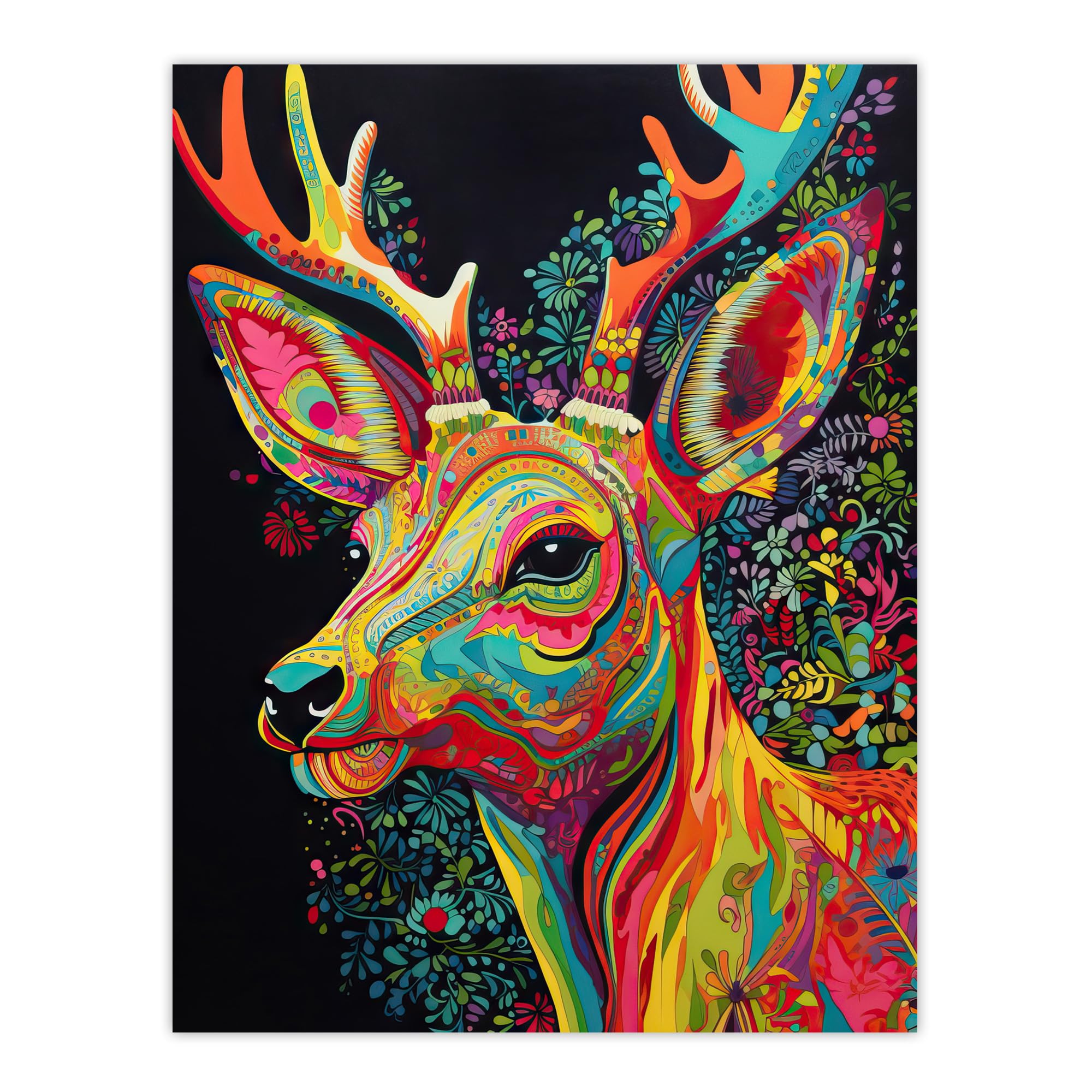 Artery8 Reindeer Rainbow Abstract Floral Pattern Stag Head Vibrant Bold Bright Colourful Painting Extra Large XL Wall Art Poster Print