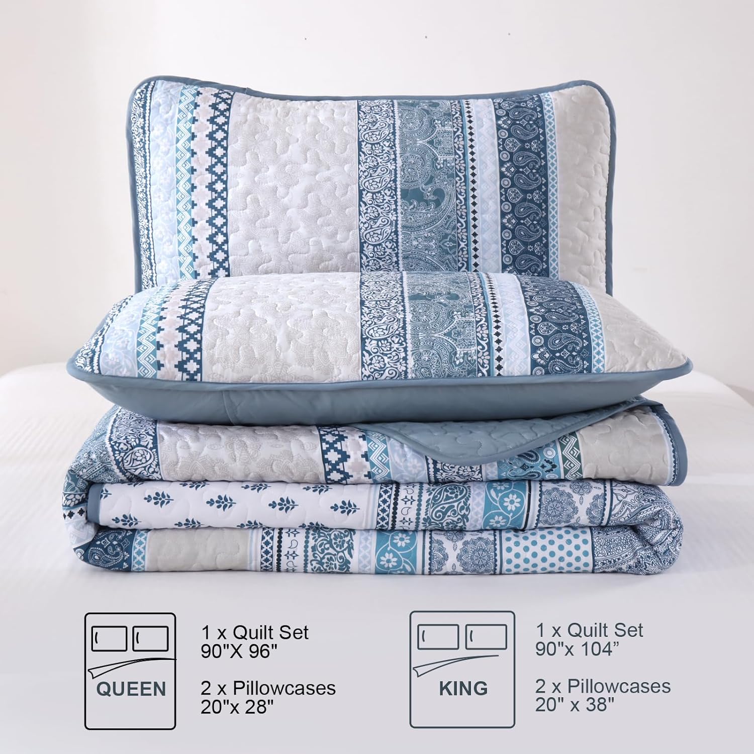 WONGS BEDDING Boho Quilt Set King Size, Blue Bohemian 3 Pieces Quilt Sets, Lightweight Bedspread Coverlet Bedding Set for All Season (104"x90") - Image 7