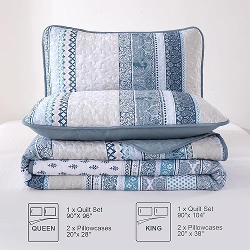 Miniatura 7 de WONGS BEDDING Juego de edredón bohemio tamaño matrimonial, juego de edredón bohemio azul claro de 3 piezas, juego de ropa de cama ligero de verano