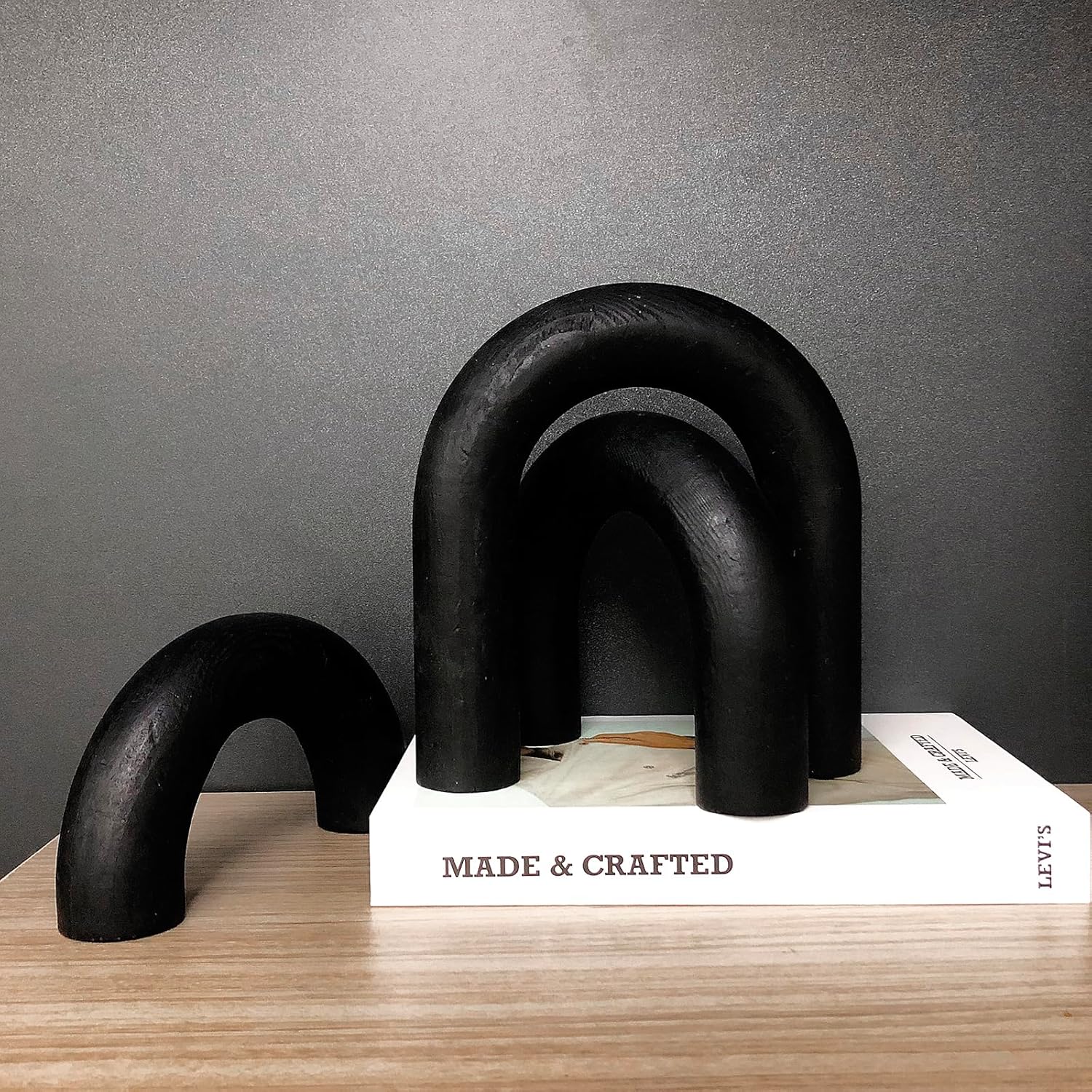 3Pcs Wood Arches Decorative Object Small Wooden Arch Coffee Table Shelf Décor Accents Boho Decor Pieces for Home Room House Console Mantel Books Centerpiece Decoration (Black)