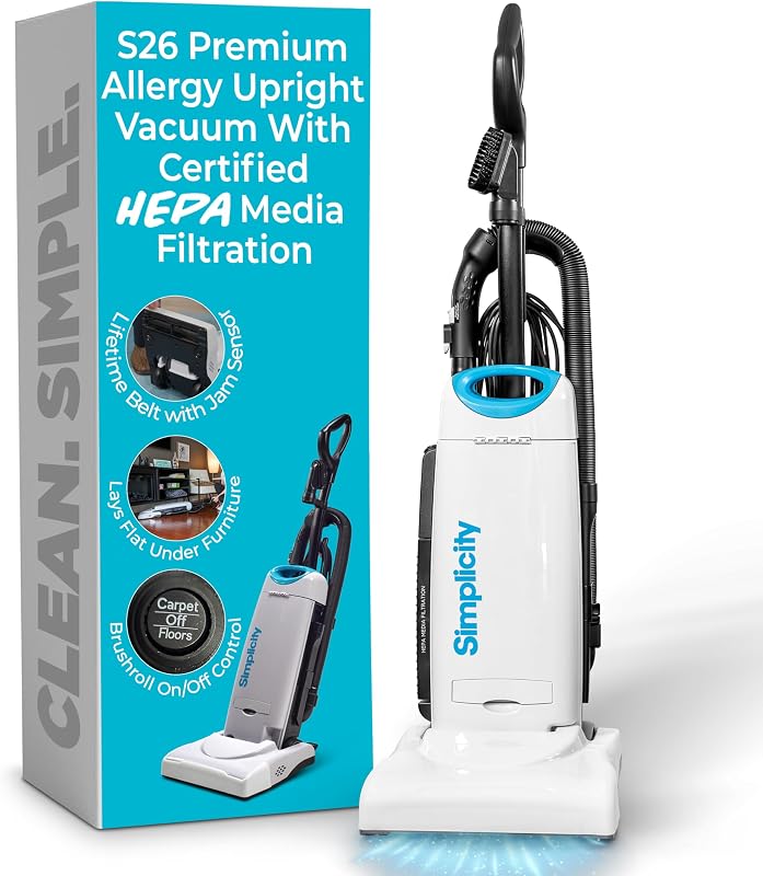 Simplicity Vacuums Premium Allergy Upright Vacuum Cleaners for Home, S26 | Multi-Surface Bagged, Charcoal HEPA Filter Media, Powerful Pet Hair Pickup, Brushroll Activation Switch