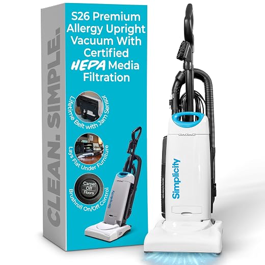Simplicity Vacuums Premium Allergy Upright Vacuum Vacuum | Multi-Surface Bagged, Charcoal HEPA Filter Media, Powerful Pet Hair Pickup, Brushroll Activation Switch
