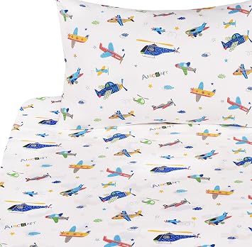 J-pinno Plane Airplane Aircraft Helicopter Cartoon Twin Sheet Set Bedroom Decoration Gift 100% Cotton Flat Sheet + Fitted Sheet + Pillowcase Bedding Set for Unisex Boys Girls Airplane, Twin