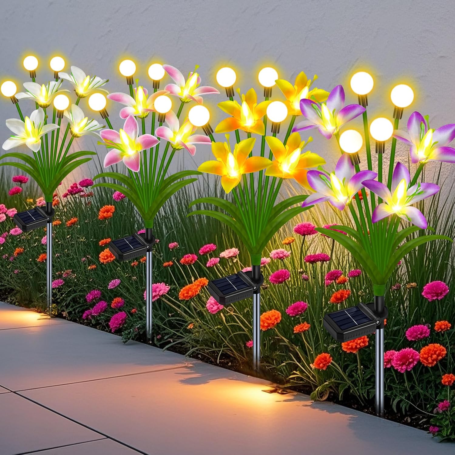 Solar Lights Outdoor Waterproof Garden Decor,4 Packs Lily Flowers Firefly Lights,Birthday Gifts for Women Mom,Solar Flowers Decorative Lights for Outside Yard Lawn Patio Porch Decorations