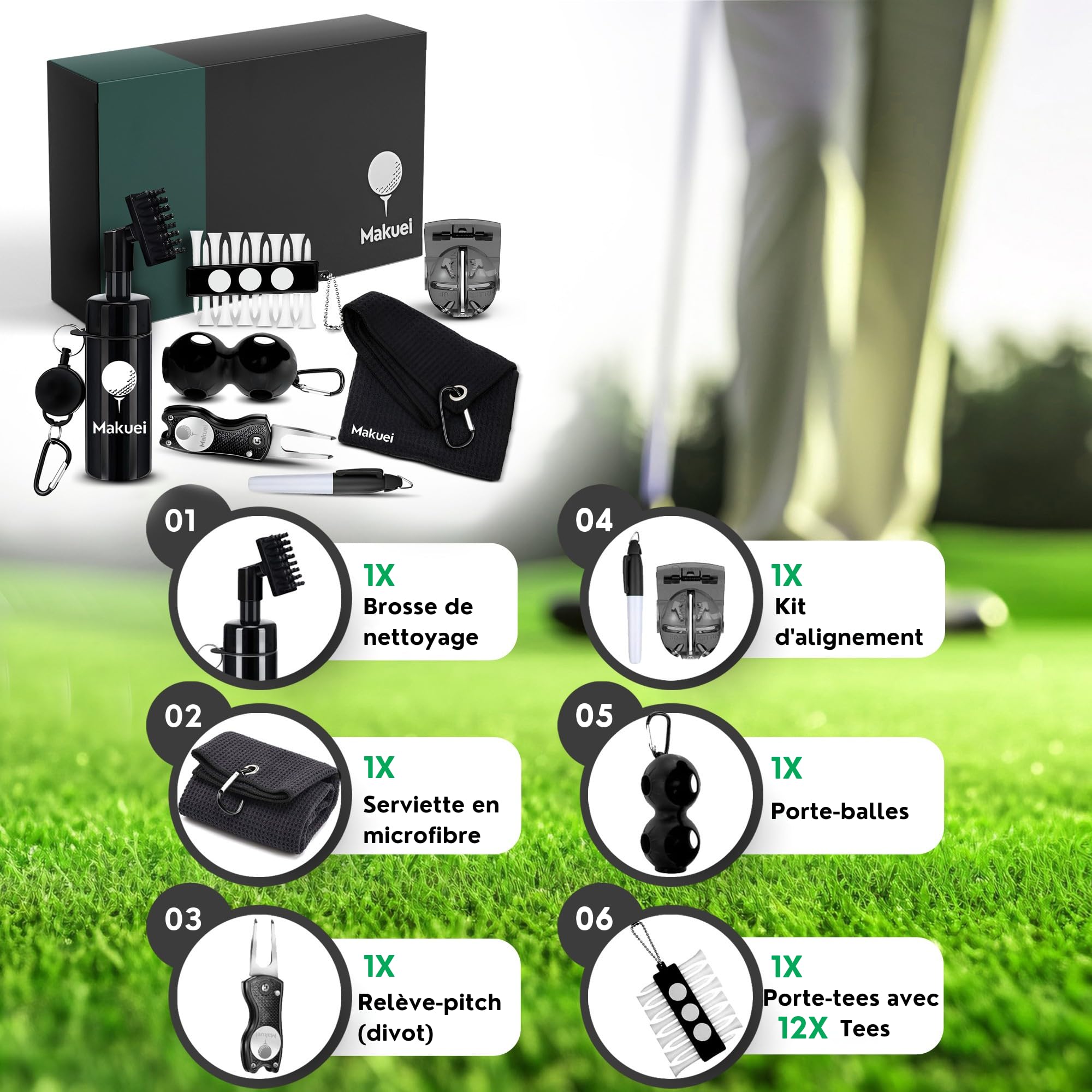 Makuei Accessoires de Golf idéaux pour Votre Sac de Golf - Brosse de Nettoyage de Club de Golf, Divot Tool, Serviette de Golf, Tees de Golf et Autres Accessoires de Golf - Le Cadeau de Golf idéal!